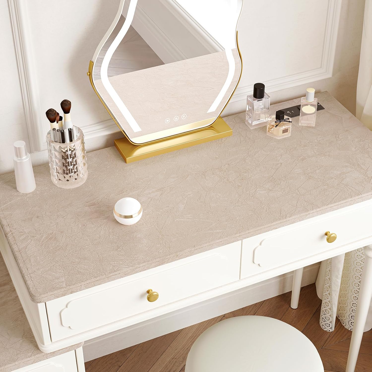 Beige Crushed Velvet Drawer Liners for Jewelry Box 15.7"x160" Self Adhesive Velvet Flocking Liner Fabric Wallpaper Peel and Stick Plush Felt Sheets Beige Contact Paper for Bedroom Dresser