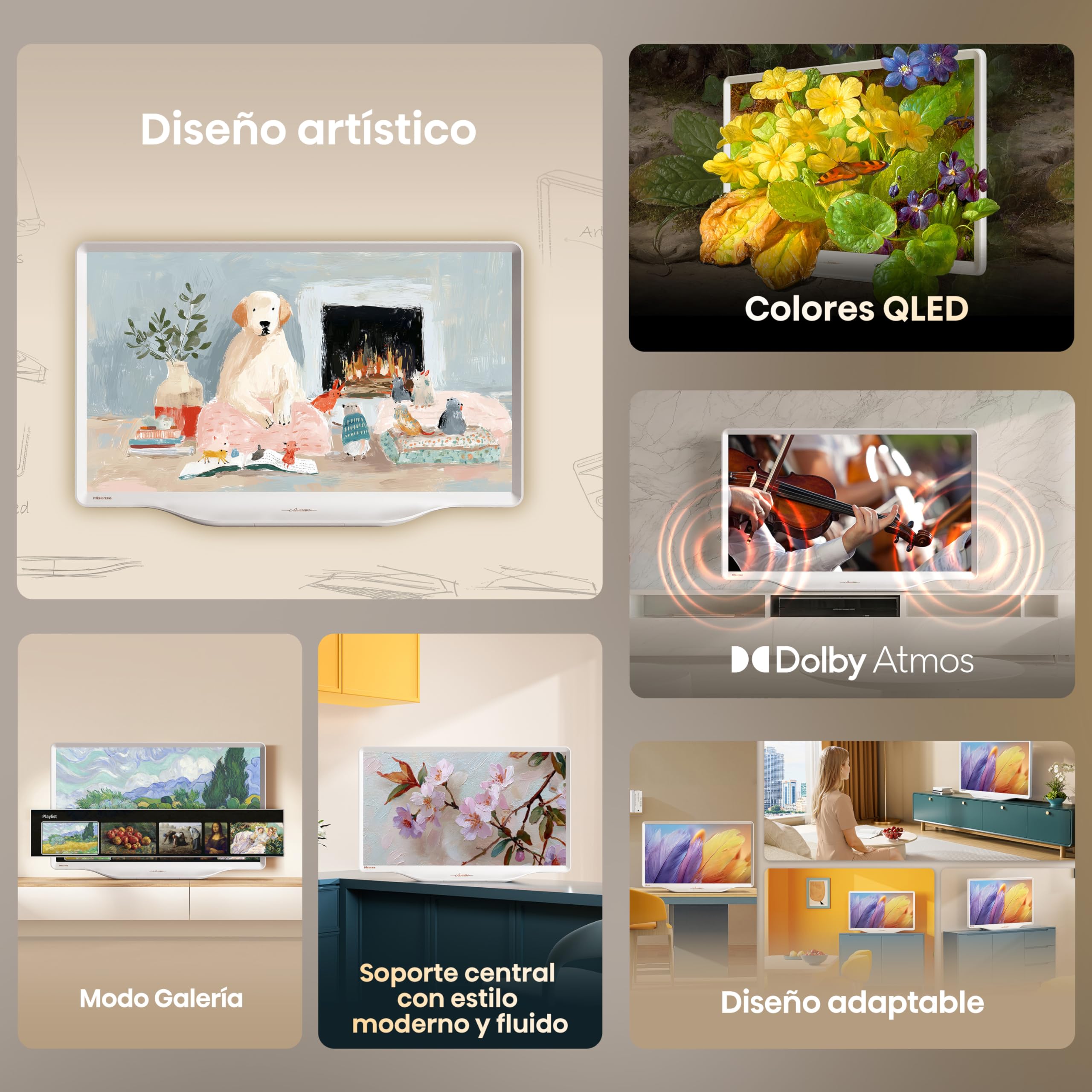 Hisense 32S5Q - Hi-QLED Smart TV 32 Pulgadas, Lifestyle TV, Diseño Artístico, Gallery Color, Dolby Atmos, Diseño Versátil, Modo Arte, Peana Moderna, Share to TV