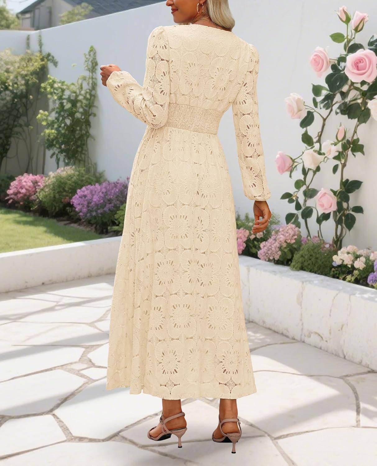 Women's Long Puff Sleeve Floral Maxi Dress V Neck Lace Eyelet Hollow Out A Line Flowy Boho Spring Wedding Guest Party Dresses - Image 4