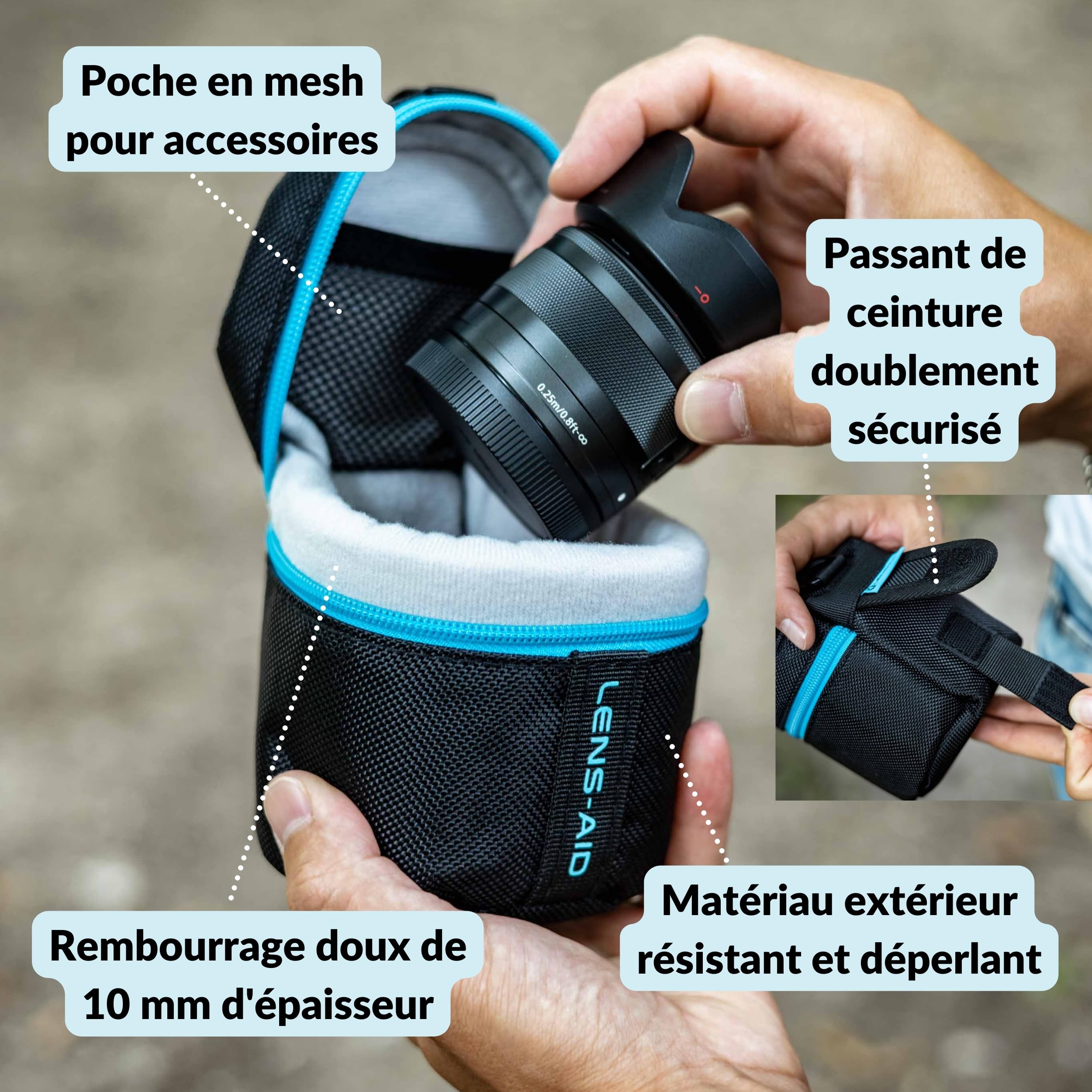 LENS-AID Housse pour Objectif avec Fermeture éclair – Étui rembourré Cordura avec Boucle Ceinture – pour objectifs Standards, compacts ou téléobjectifs – Taille: S (9×14 cm)