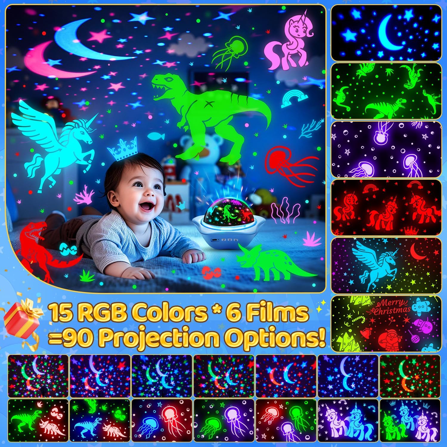 One Fire Sternenhimmel Projektor Kinder, 90 Lichtmodi & 6 Filme Sensorik Spielzeug für Autisten, 2400mAh Akku & 360° Drehung Nachtlicht Kinder, Baby Geschenke für Jungen/Mädchen, Kinderzimmer Deko