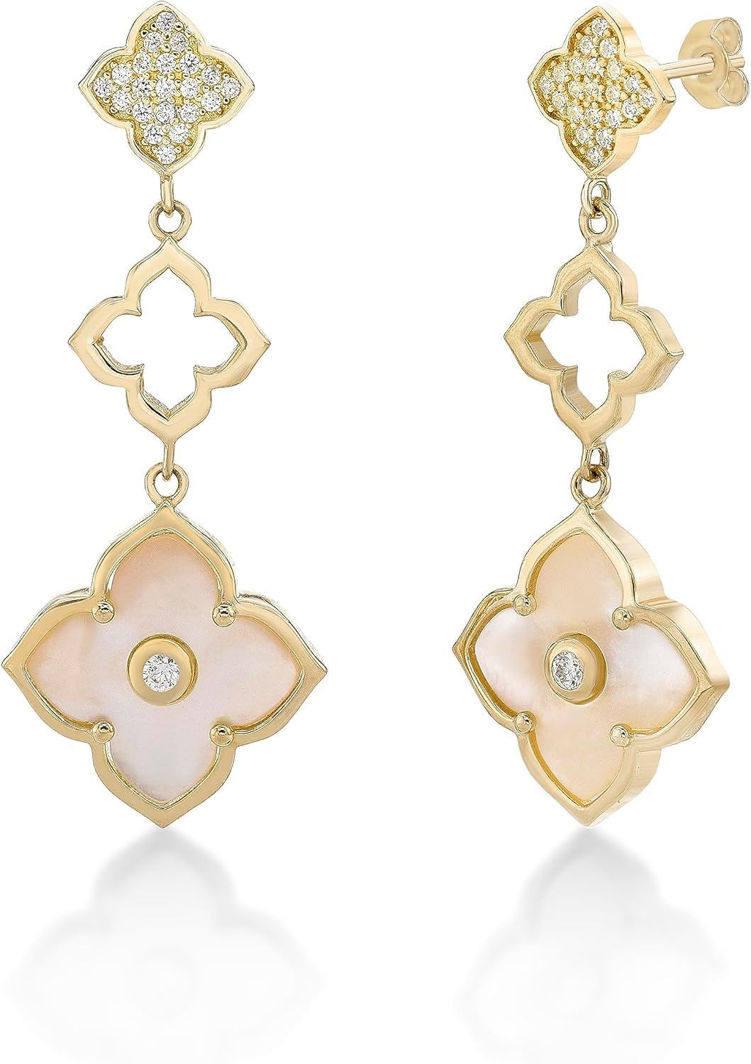 Mother of Pearl, Onyx, Malachite, Lapis Lazuli and Cubic Zirconia Three Flower Drop Dangle Earrings for Women I Gold Plated 925 Sterling Silver Earrings for Her I Push Back by Lavari Jewelers