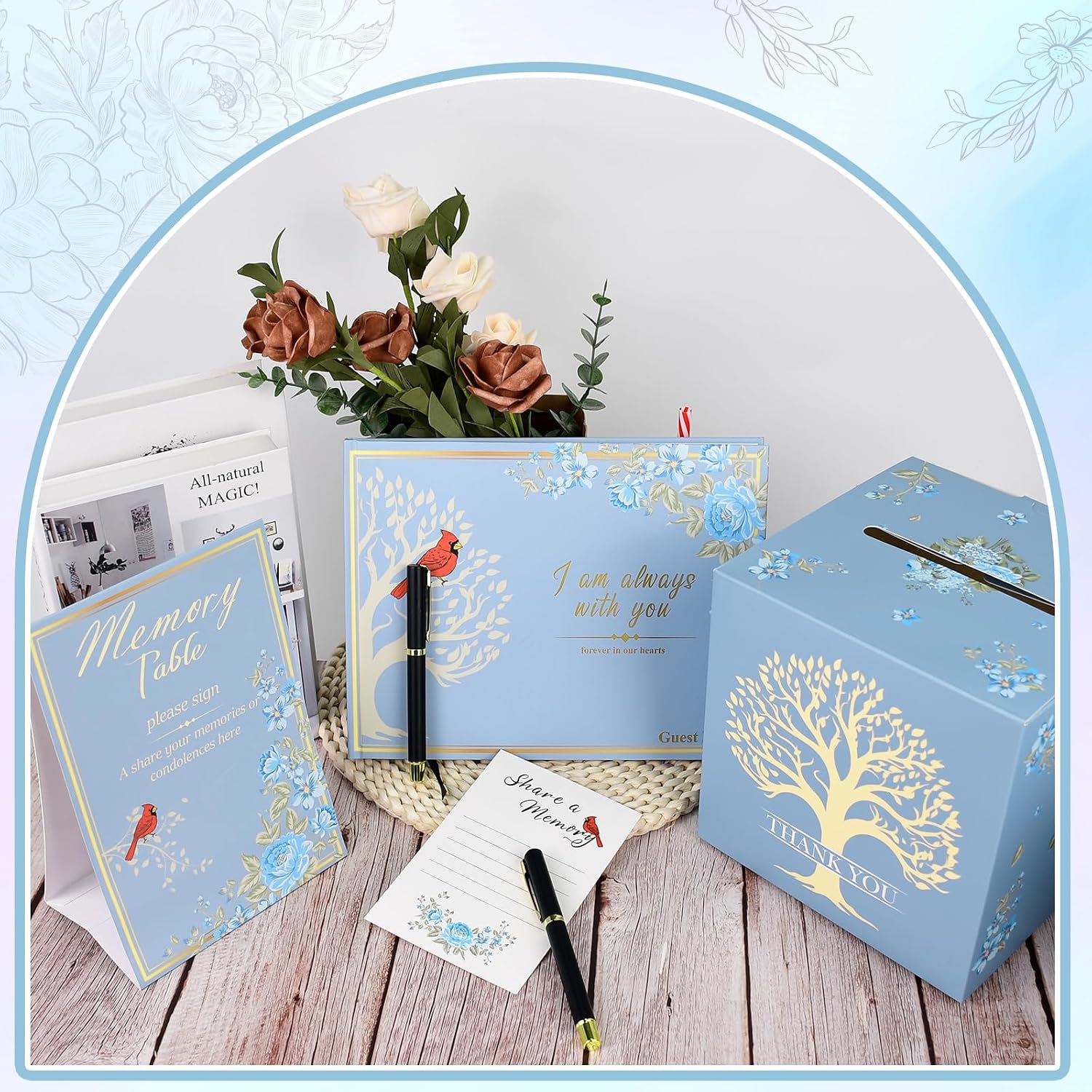 55 Pcs Funeral Supplies Funeral Guest Book for Memorial Service Included Pen Table Sign Cardinal Memorial Memory Cards Box with 50 Pcs Share a Memory Card for Guest Funeral Farewell Party (Light Blue)