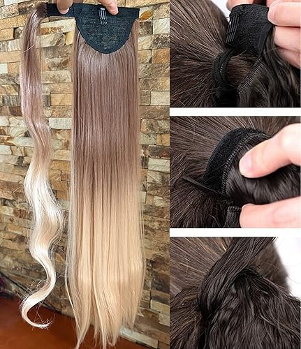 Miniatura 2 de Extensiones de cabello largo con clip para cola de caballo envolvente, para mujeres y niñas, castaño claro, rubio, rojo y morado degradado (lacio de