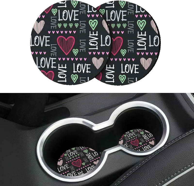 Porta-copos automotivo redondo absorvente em neoprene com estampa Love Qkari, 2 unidades