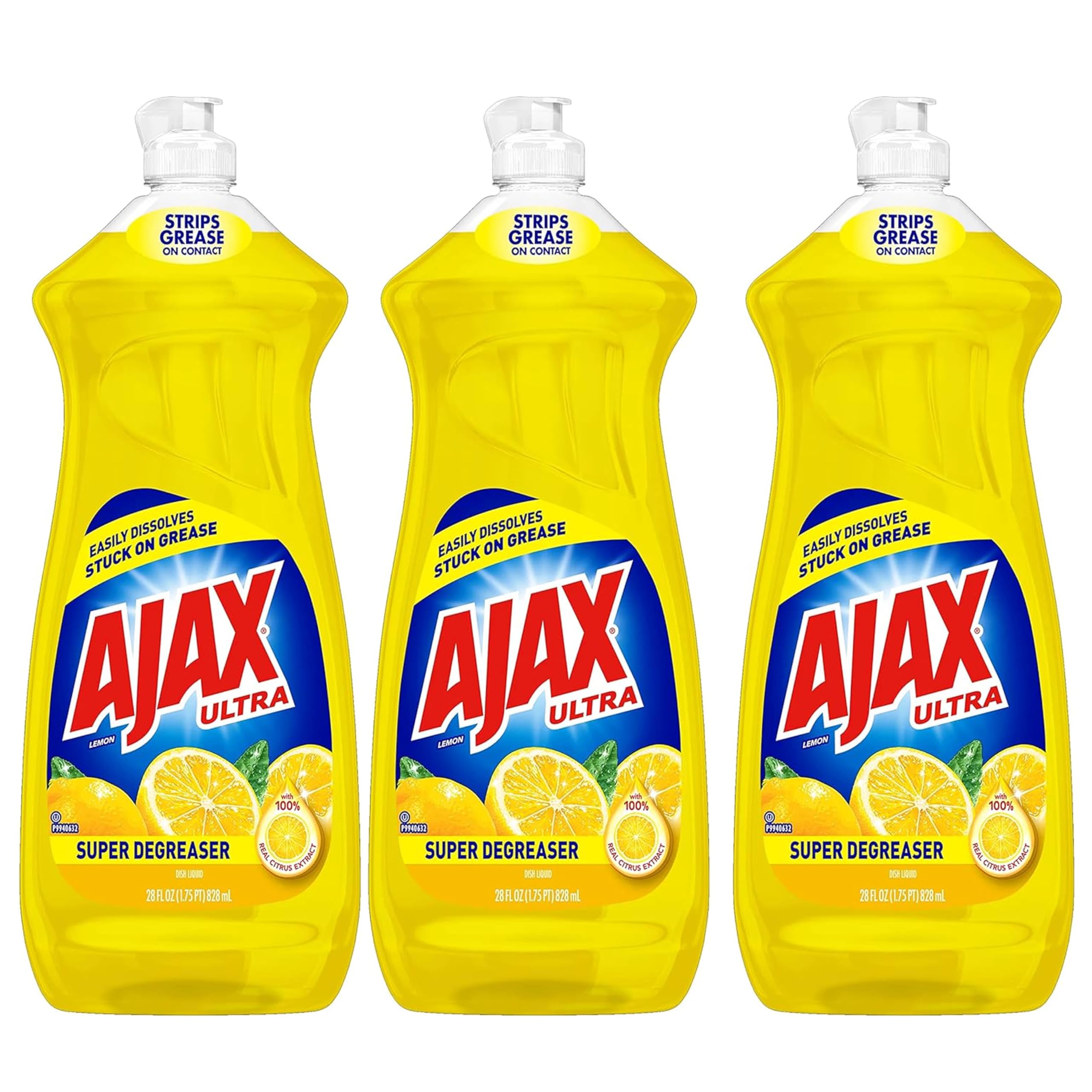 Ajax Dishwashing Liquid Dish Soap, 28 Ounce Ajax Dish Soap Lemon Scent Super Degreaser and Cleaner, All Purpose Cleanser, Total 84 Ounces, 3 Pack