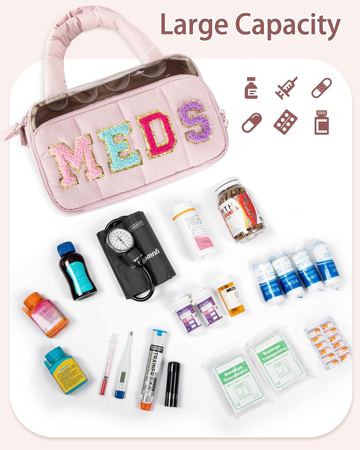 Fasrom Chenille Letter Medicine Bag, Preppy Patch Meds Bag for Travel, Pill Bottle Organizer with Puffy Handles, Portable Cosmetic Toiletry Storage Makeup Case for Women, Pink (Bag Only) - Image 4