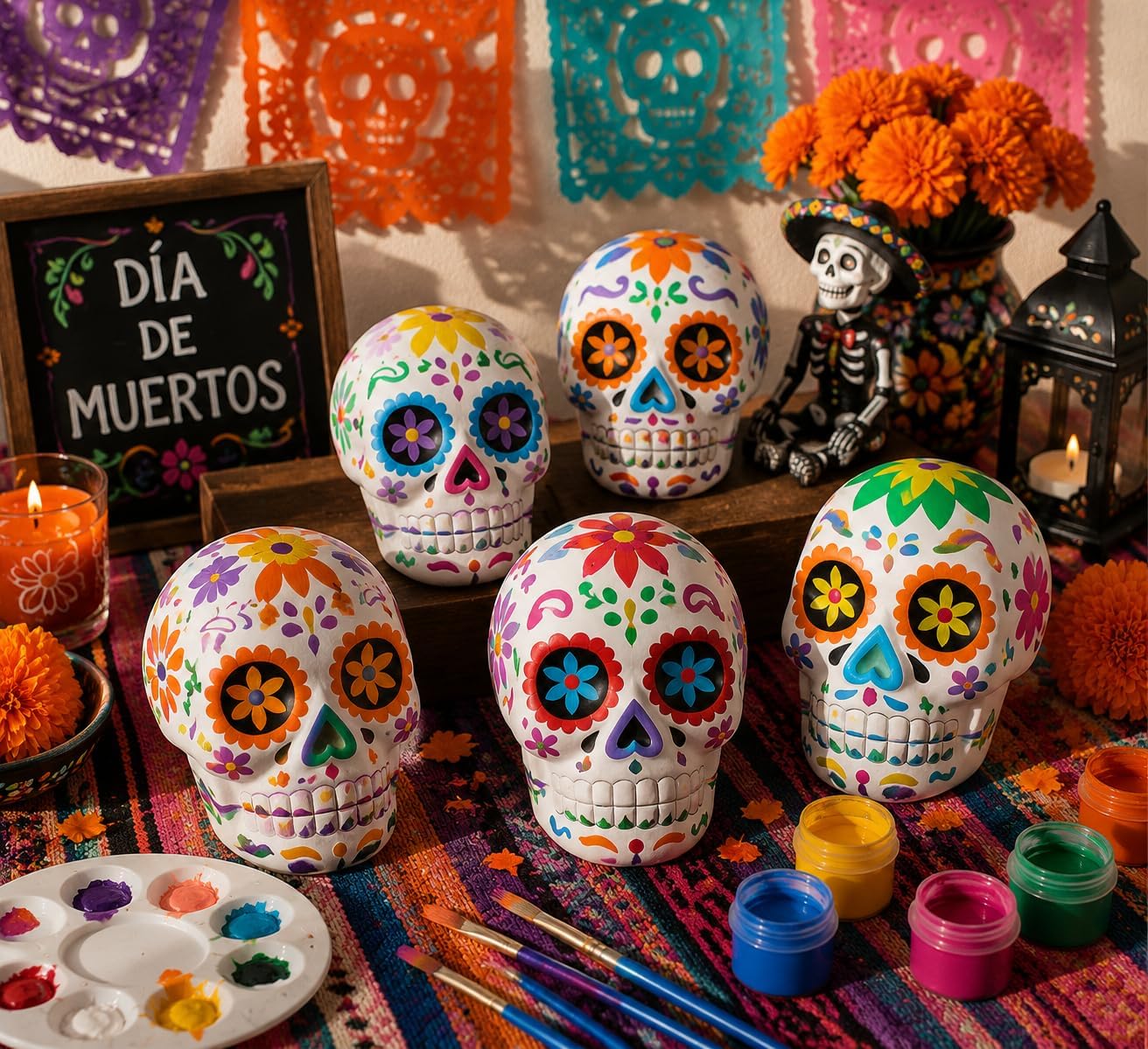 6 Pcs Day of The Dead DIY Ceramic Sugar Skull Crafts Paint Your Skull Statues Blank Paintable Skull Ornaments for Dia De Los Muertos Altar Ofrenda Decoration Supply