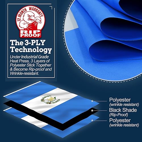 Miniatura 9 de Anley EverStrong Series - Bandera de Guatemala bordada de 3 x 5 pies, cabecera de lona bordada y resistente, 4 filas de costuras de cerradura,