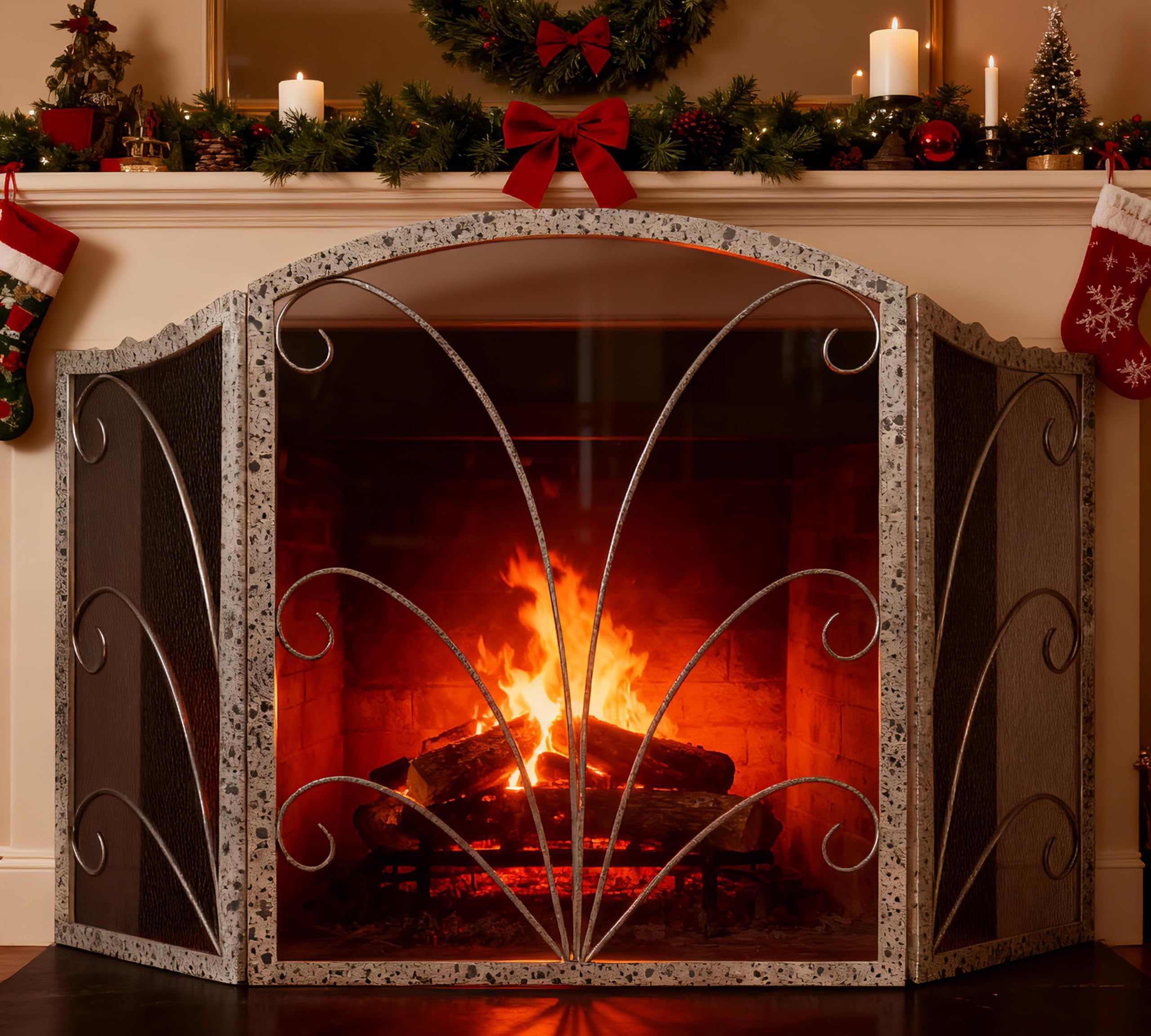 Kingson 3-Panel Arched Fireplace Screen Decorative, Handcrafted Scroll Wrought Iron Fireplace Spark Guard Cover -Pewter Spotted