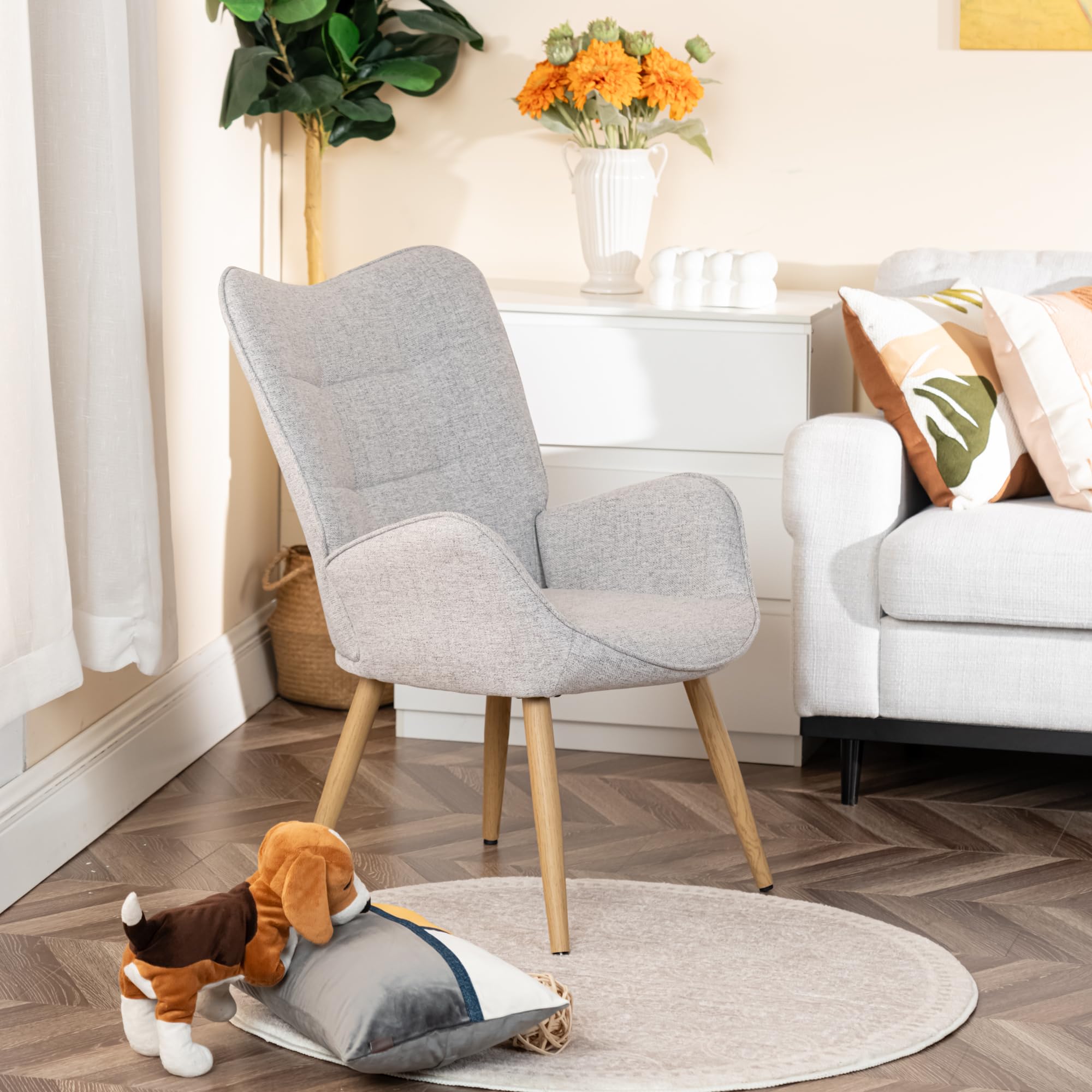 MEUBLE COSY Fotel do salonu krzesło akcentujące z wysokim oparciem skrzydła i wyściełanymi podłokietnikami, drewniane nogi, pojedyncza sofa do czytania sypialni, tkanina, szary