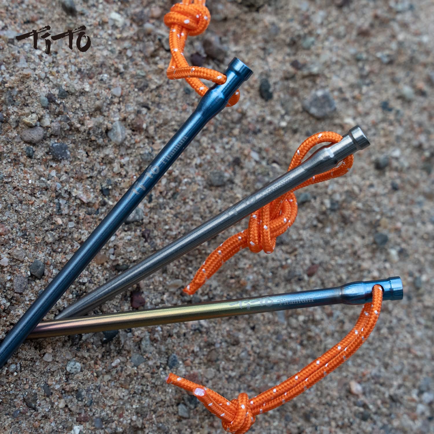 TiTo Titanium Zeltheringe Heringe Sandheringe,Ultralight Heavy Duty Titan Legierung Zelt Stakes Pegs mit Bändchen und Aufbewahrungsbeutel für Garten Nägel Camping Angeln Wanderunge(Titan 6*165-6pcs)