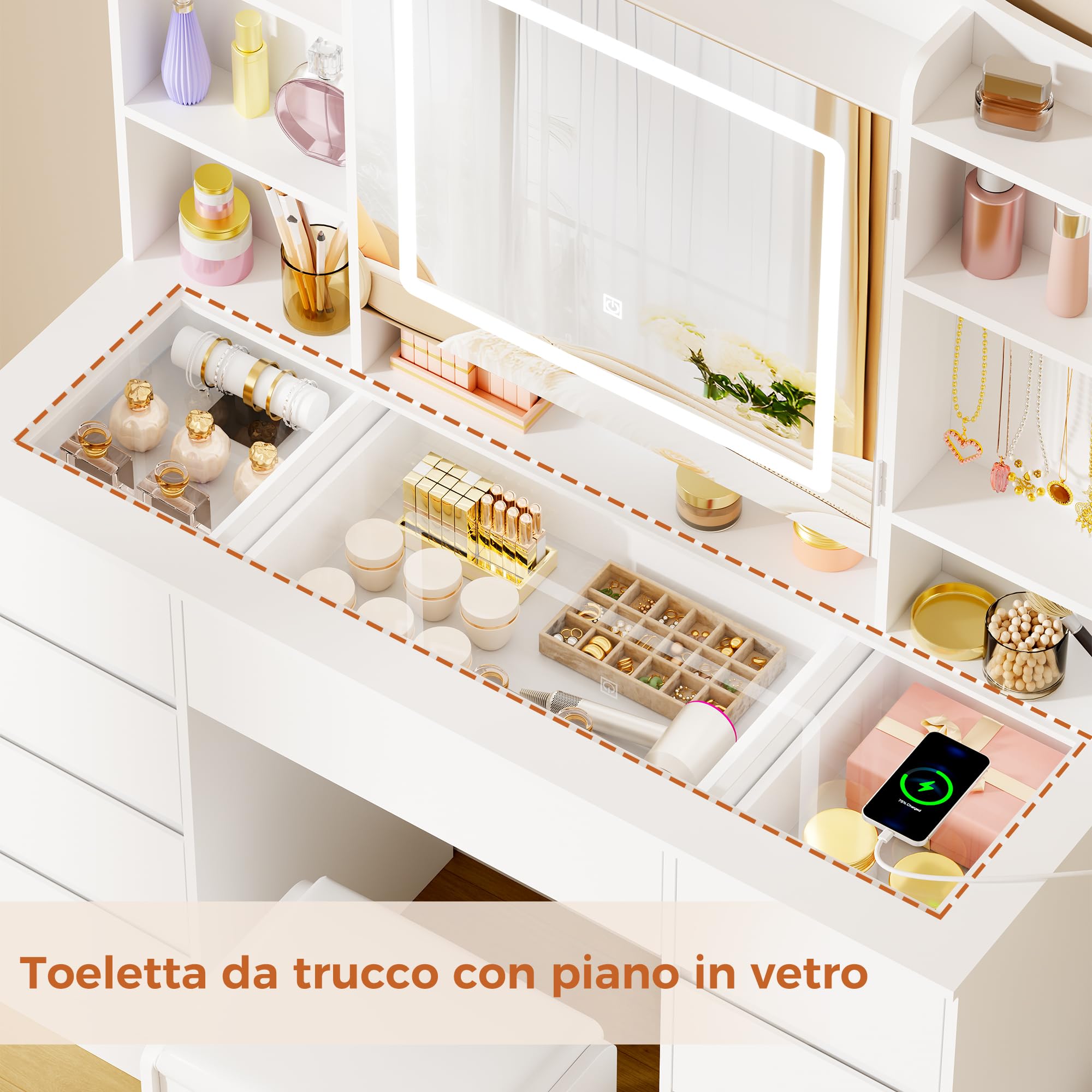 ANWBROAD Toeletta Trucco con Specchio e Luci, Portagioielli, Sgabello | Piano in Vetro, Postazione Trucco con Prese 9 Cassetti 7 Ripiani Aperti, Luminosità Regolabile,Tavolo da Trucco Bianco BDT21W