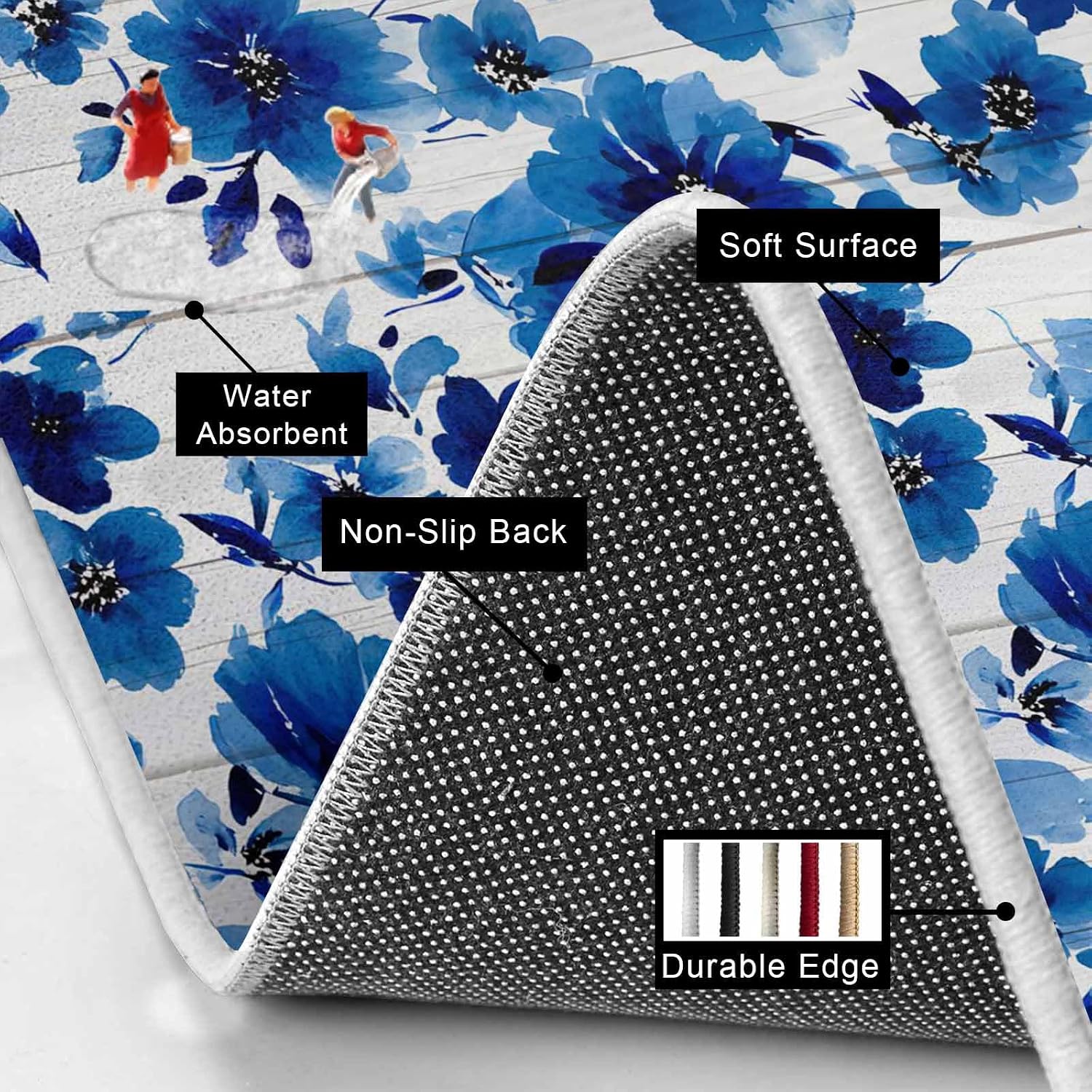 Blue Flower Kitchen Mat Set 2 Pieces Watercolor Floral Wood Striped Country Modern Non Slip Kitchen Rugs Washable Runner Rug Mats for Floor Sink Laundry Office 15.7" x 23.6"+15.7" x 47.2"
