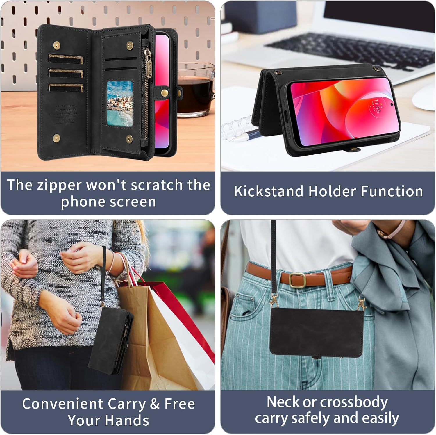 Asuwish Phone Case for Motorola Moto G Power 2022/MotoG Play 2023/G Pure 2021 Zipper Wallet Cell Cover with Screen Protector Strap Flip Card Holder XT2271DL XT2165DL XT2163DL XT2165-5 XT2271-5 Black