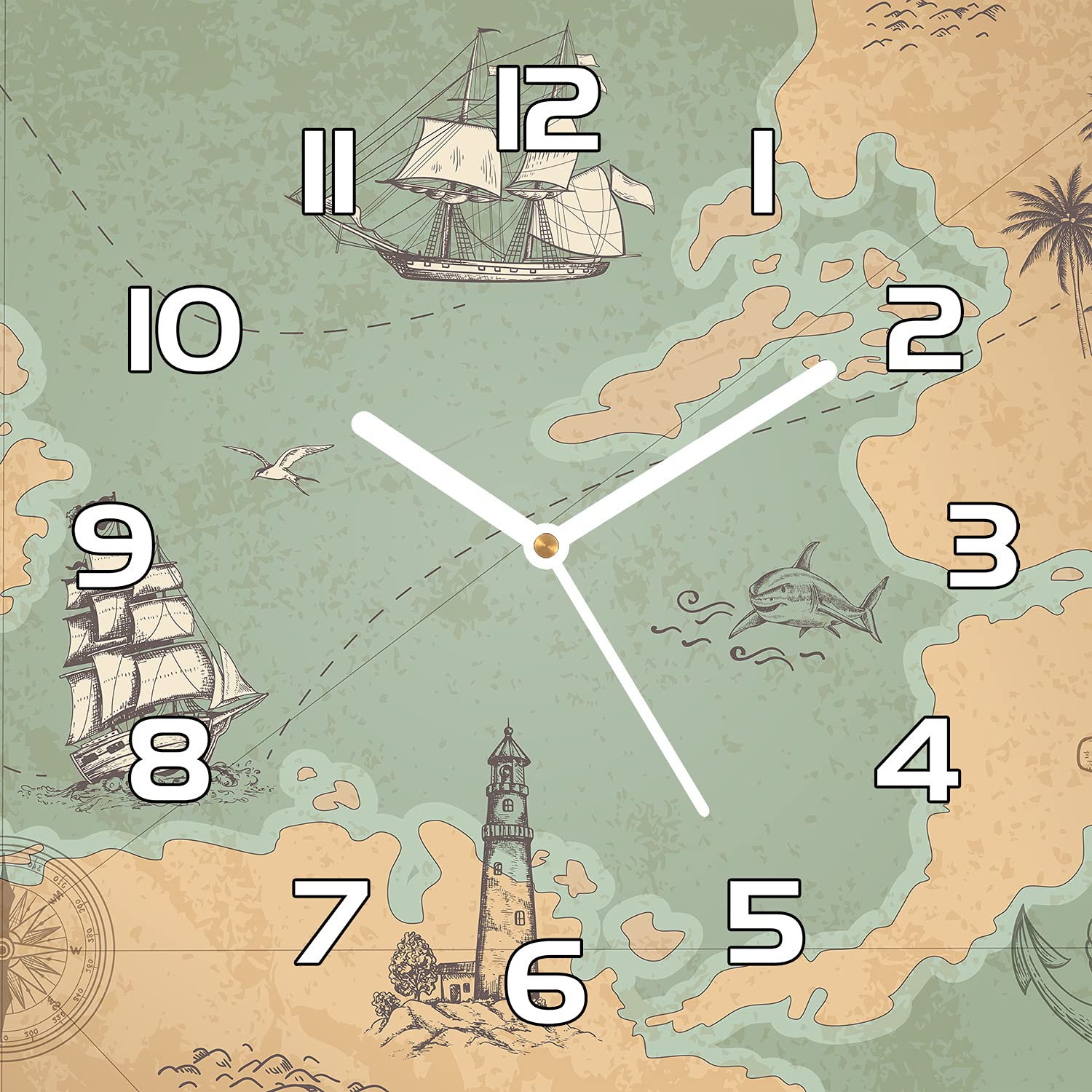 Horloge murale cuisine et salon avec motif carte au trésor en verre Coloray 30 cm