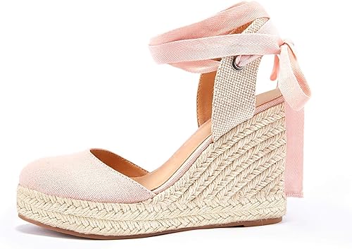 Miniatura 2 de Ermonn - Alpargatas con tacón de cuña de plataforma para mujer, zapatos de verano de punta cerrada, con correa en el tobillo y con cordones