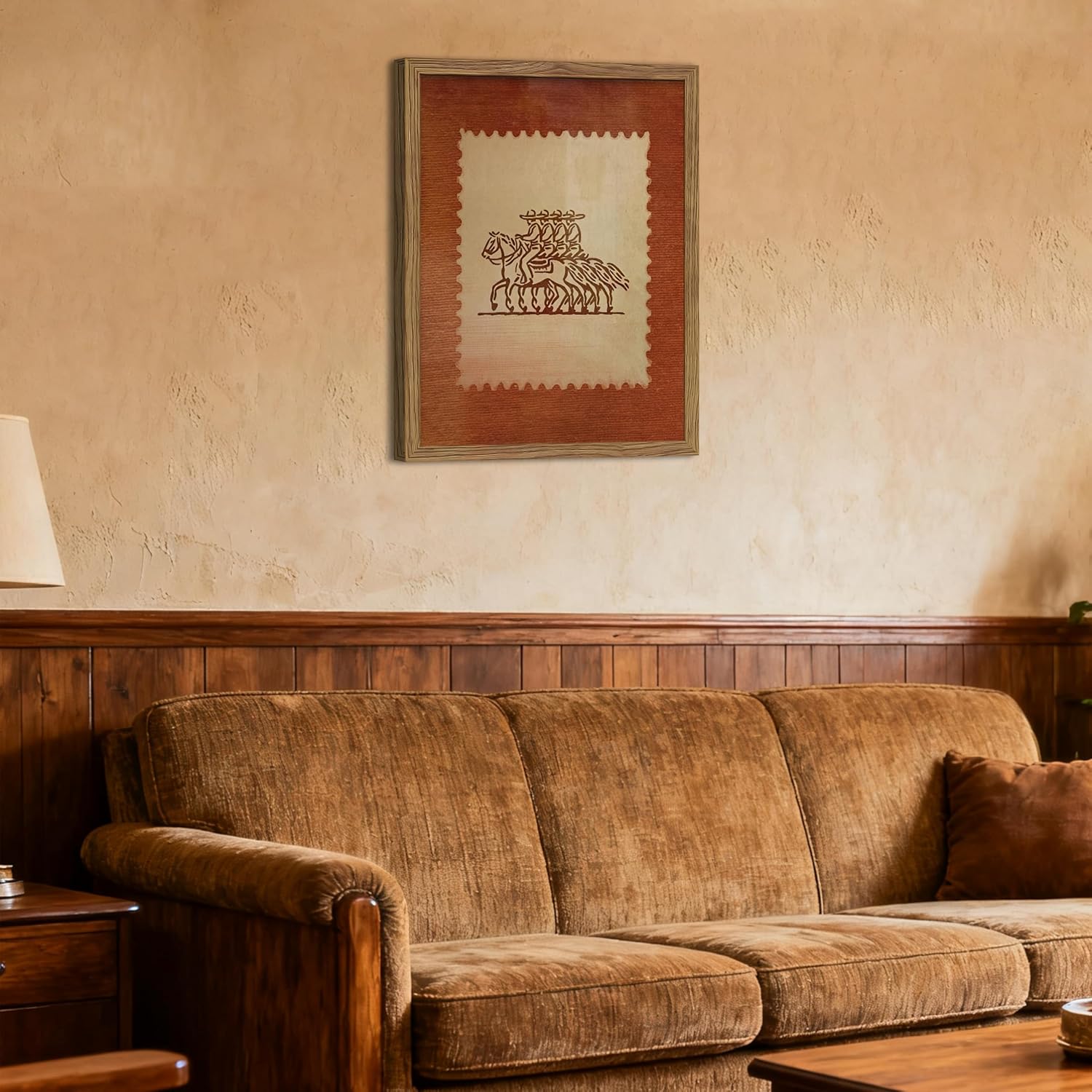 Framed Rustic Stamp Wall Art, Vintage Mexico Cowboys on Horseback Wall Decor, Earthy Tones Western Cowboy Canvas, Modern Farmhouse Pictures Prints for Bedroom Living Room – 16x24 inch