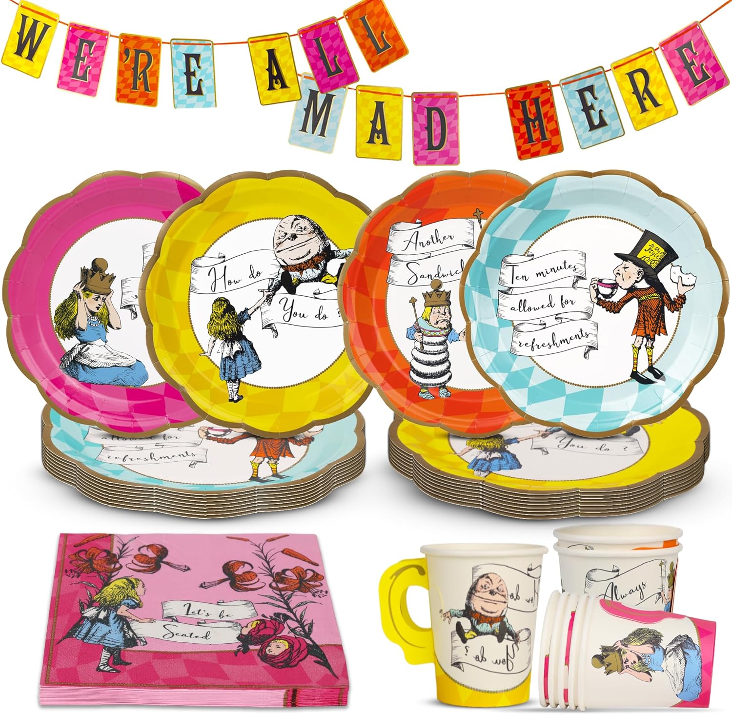 Talking Tables Alice in Wonderland Party Decorations for 16 Guests Mad Hatter Onederland 1st First Birthday Afternoon Tea Party Supplies Reversible Bunting Paper Plates Napkins Cups Table Cover