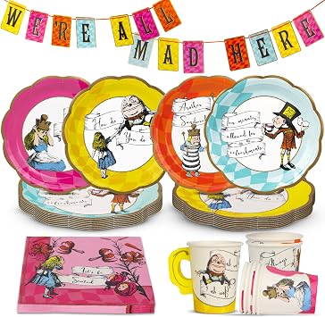 Talking Tables 50pcs Alice in Wonderland Party Decorations 16 x Disposable Paper Plates Napkins Cups Bunting Mad Hatter Tea Party Set Onederland 1st Birthday Afternoon Tea Party Decor