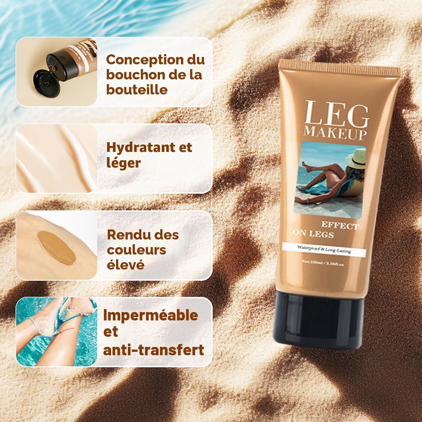 Maquillage de jambes imperméable sans transfert avec pinceau de maquillage extra large pour le corps, couverture de tatouage pour varices/cicatrices, fond de teint parfait du corps, équilibre la peau