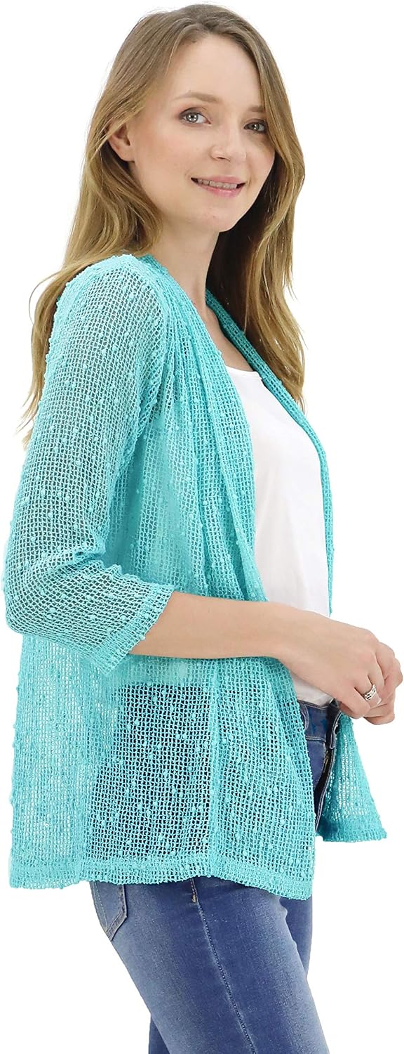 Women's 3/4 Sleeve Lightweight Mesh Crochet Short Shrug Cardigan