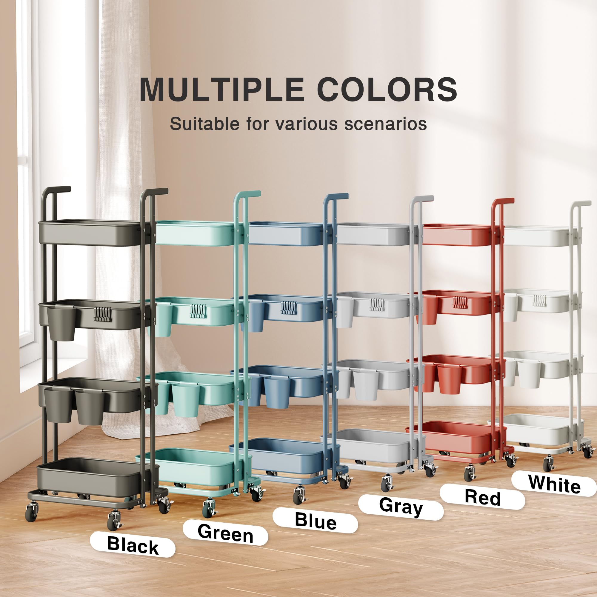 DTK Carrello pieghevole a 4 ripiani, in metallo, con ruote bloccabili, carrello portaoggetti pieghevole per soggiorno, cucina, bagno, camera da letto e ufficio, nero