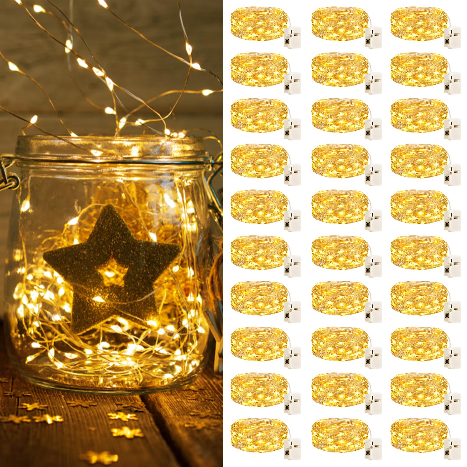 Lot de 30 Mini Guirlande LED à Pile, 2M 20LED 3 Modes Pile, IP65 Étanche petite guirlande lumineuse à pile intérieur pour Jardin, Chambre, Mariage, Fête, Noël, Halloween, Blanc Chaud