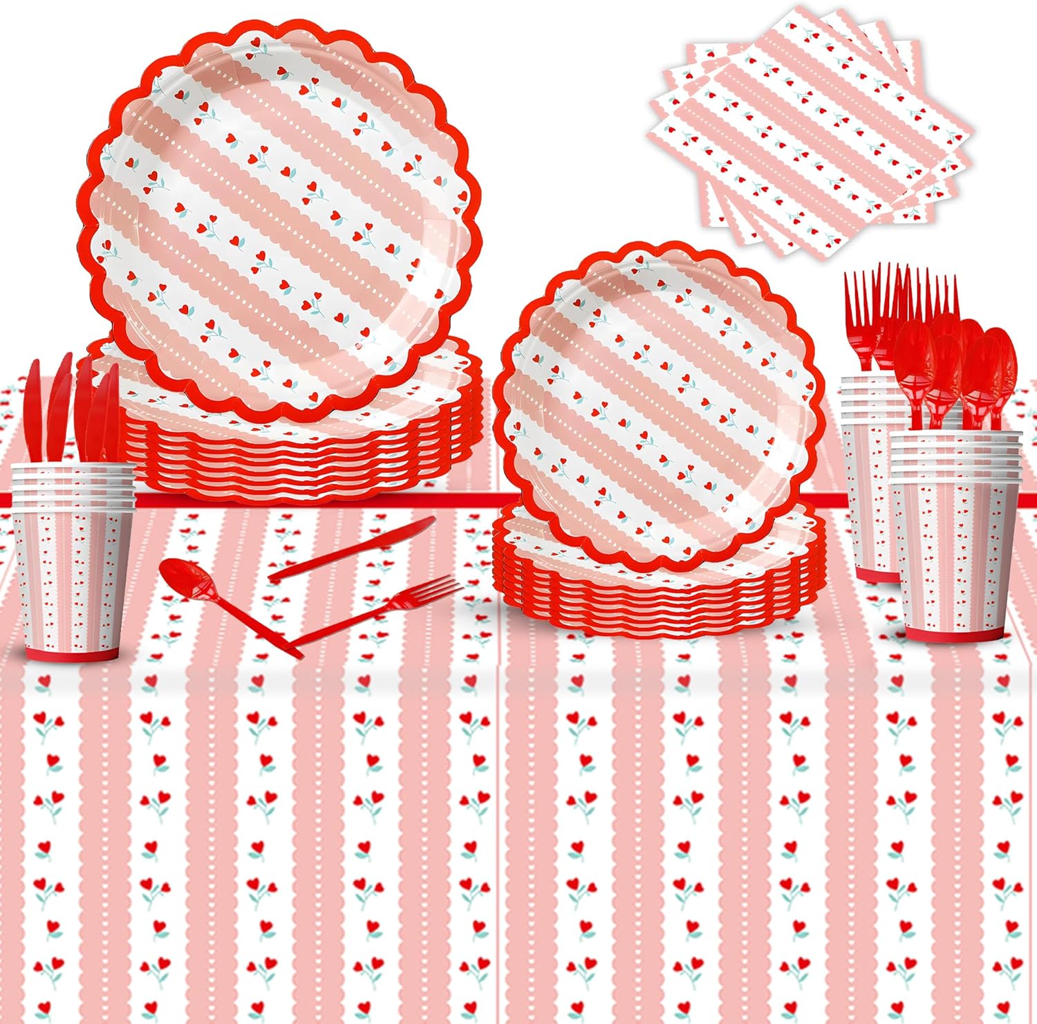 KatchOn,175 Pcs Valentine's Day Party Decorations Valentines Day Plates and Napkins Sets Includes Red Heart Tablecloth Cups spoon for Engagements Weddings Anniversary Party Supplies ,Serves 25