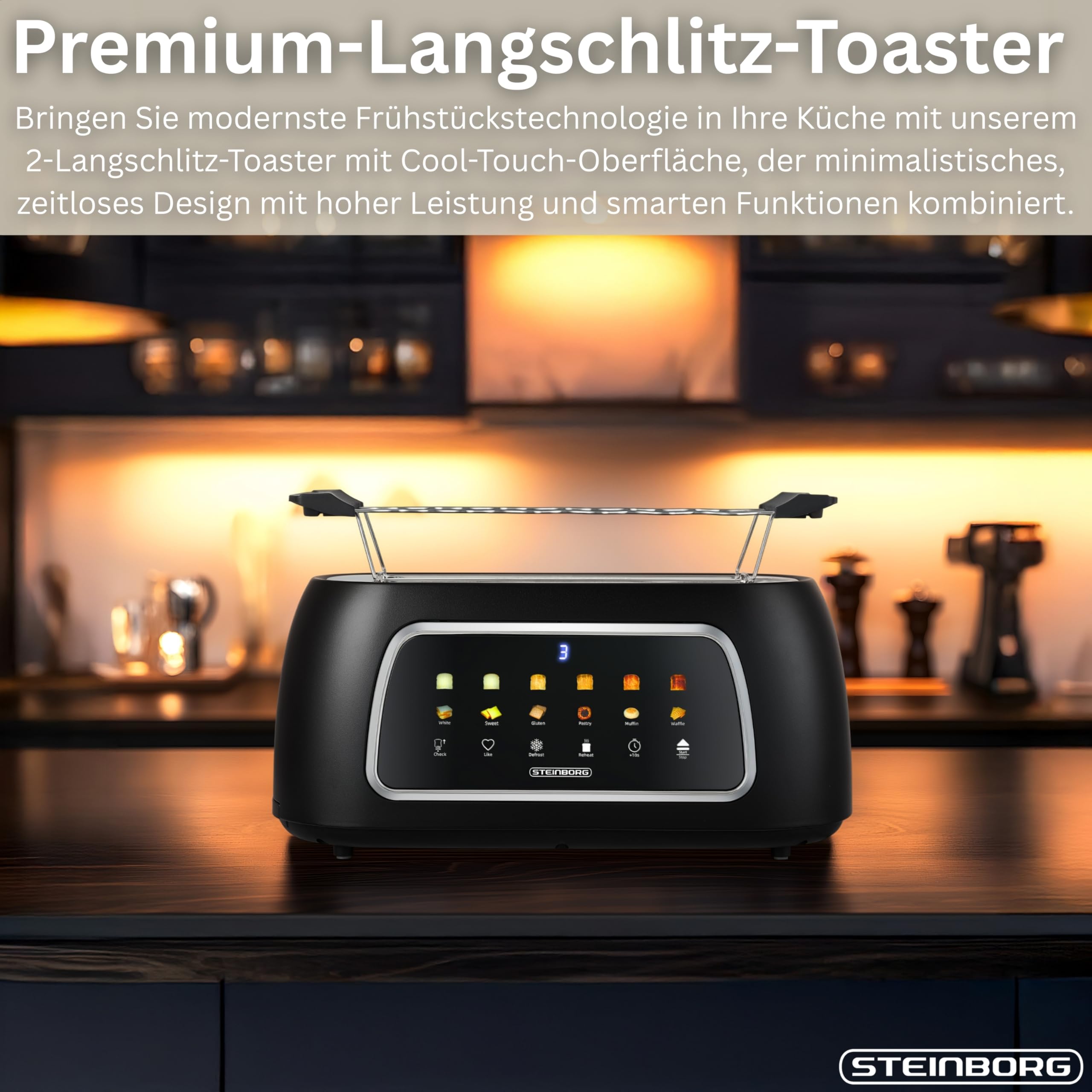 Steinborg Tostapane automatico con inserto per panino, 4 fette, funzione di sollevamento automatico senza leva, tostapane automatico, display digitale, indicatore del pane, spegnimento automatico