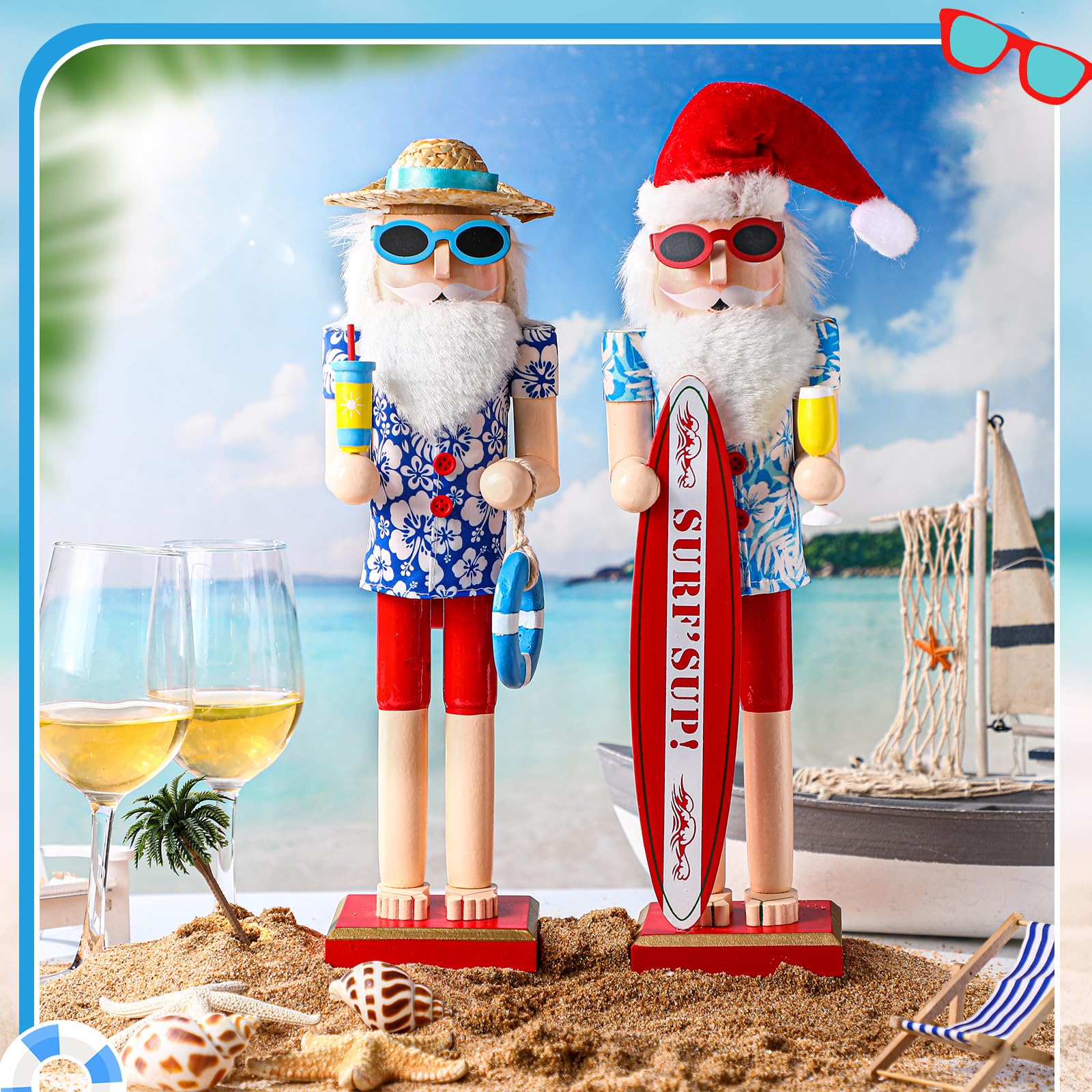 RattanView 38,1 cm großer Nussknacker aus Holz, Sommer, Hawaii, Surfer, Weihnachtsmann, Nussknacker-Figuren, groß, Strand, Weihnachten, Tischdekoration, Festival-Regale, Dekorationen