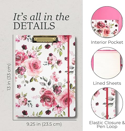 Miniatura 4 de Steel Mill & Co Cute Clipboard Folio with Refillable Lined Notepad and Interior Storage Pocket, Pink Padfolio for Work, Rose Floral Rosa