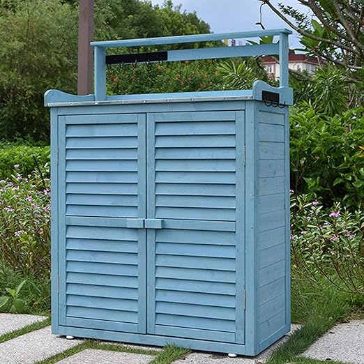 Amazon Co Jp 木製ガーデンツール小屋 両開きドア付き屋外収納キャビネット シャッターガーデンツールロッカー フック付き 防水および日焼け止めツールボックス 収納キャビネット 庭の物置小屋 Diy 工具 ガーデン