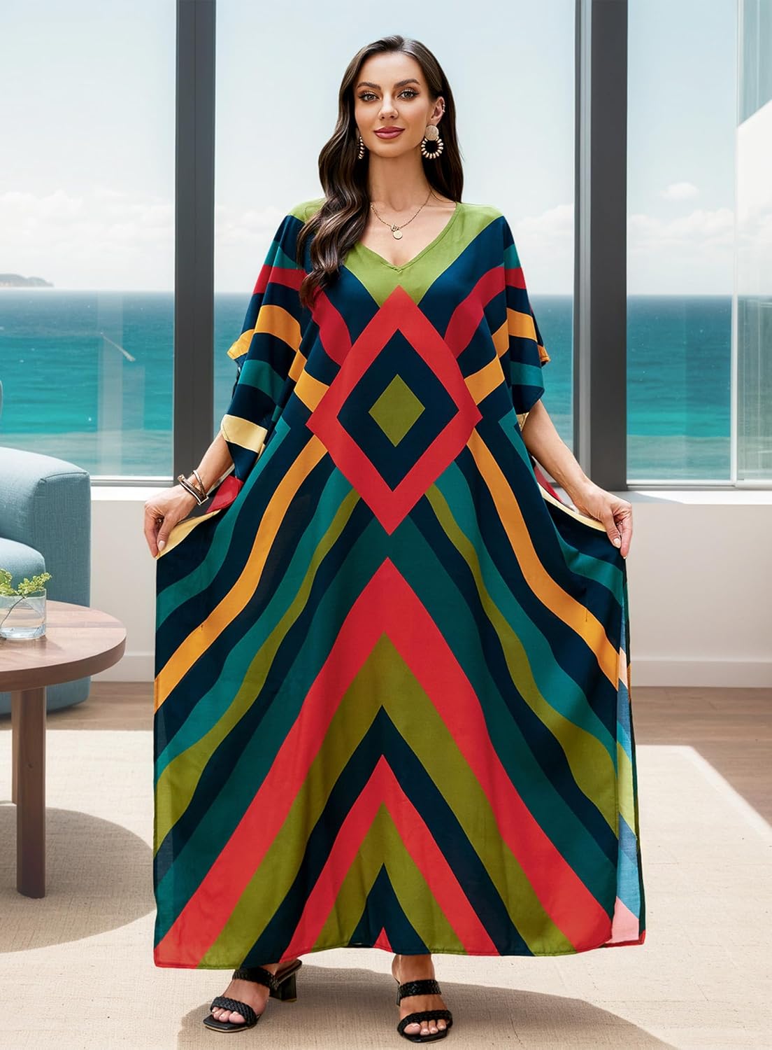 Women's V-Neck Batwing Sleeve Kaftan Dress Lightweight Beach Swimwear Cover Up for Mumu Tropical Vacation - Image 9