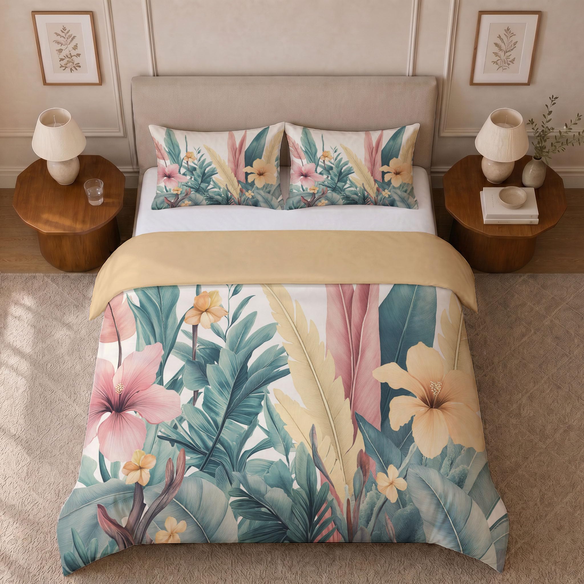 Piante tropicali Foglie di ibisco e banano - 100% Microfibra - Set Copripiumoni Matrimoniale 230x220cm con 1 federe 50 x 75 cm - Tessuto morbido e confortevole - Rosa Verde