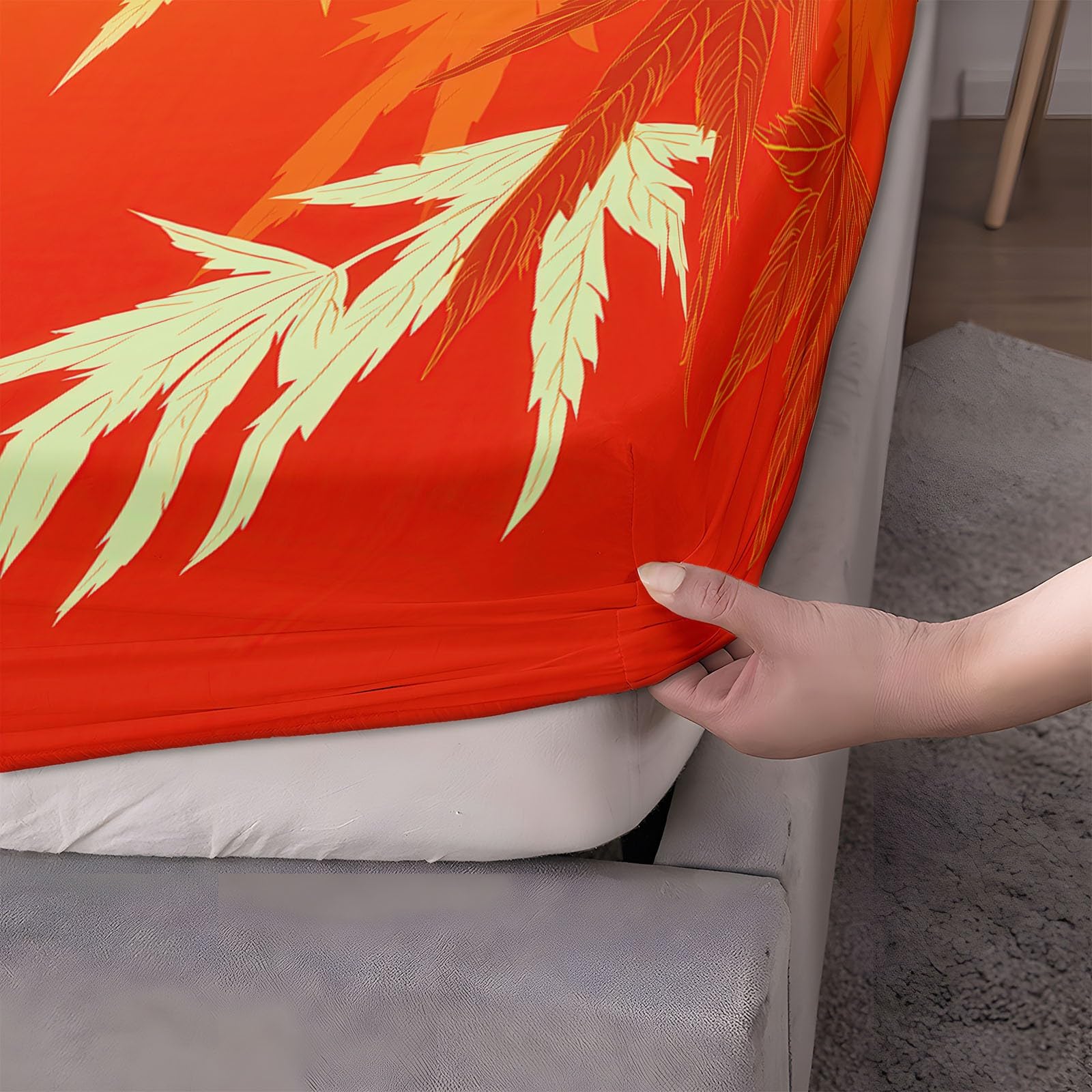 Couleur Orange Drap Housse 180 x 200 cm Microfibre Brossée, Bambou dans l'art Traditionnel Chinois avec Rebord Élastique Protège Matelas Amovible, Literie de Chambre, adapté aux Matelas 180x200 cm