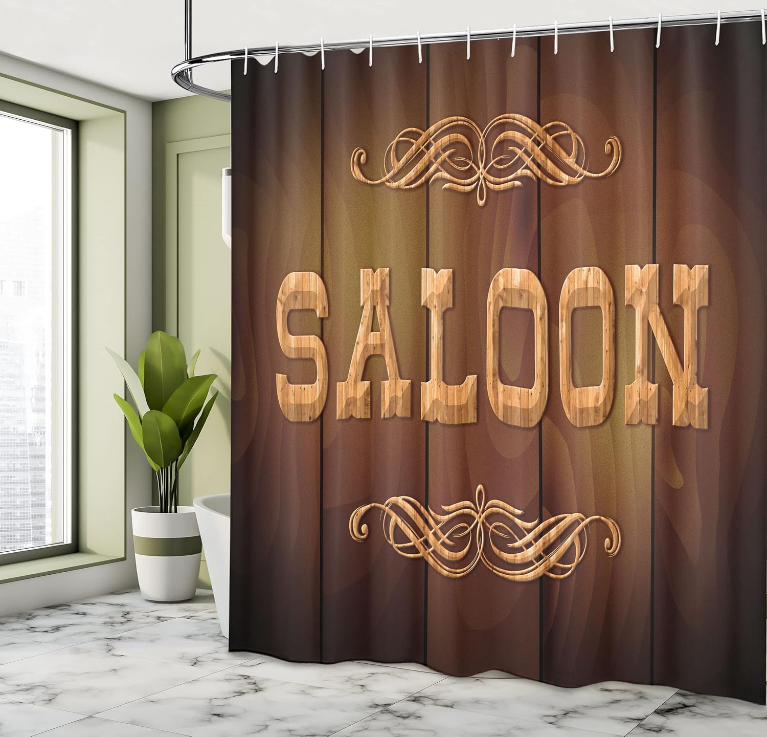 Ambesonne Western Shower Curtain, Wooden Sign Look of Saloon Text and Curly Ornaments on Planks Classic American Bar, Cloth Fabric Bathroom Decor Set with Hooks, 69" W x 75" L, Caramel Brown