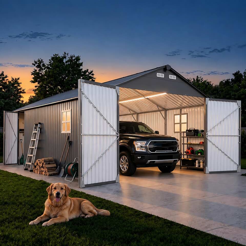 13x20x9.5 FT Outdoor Metal Garage, Enclosed Carport with Solar Light Bars