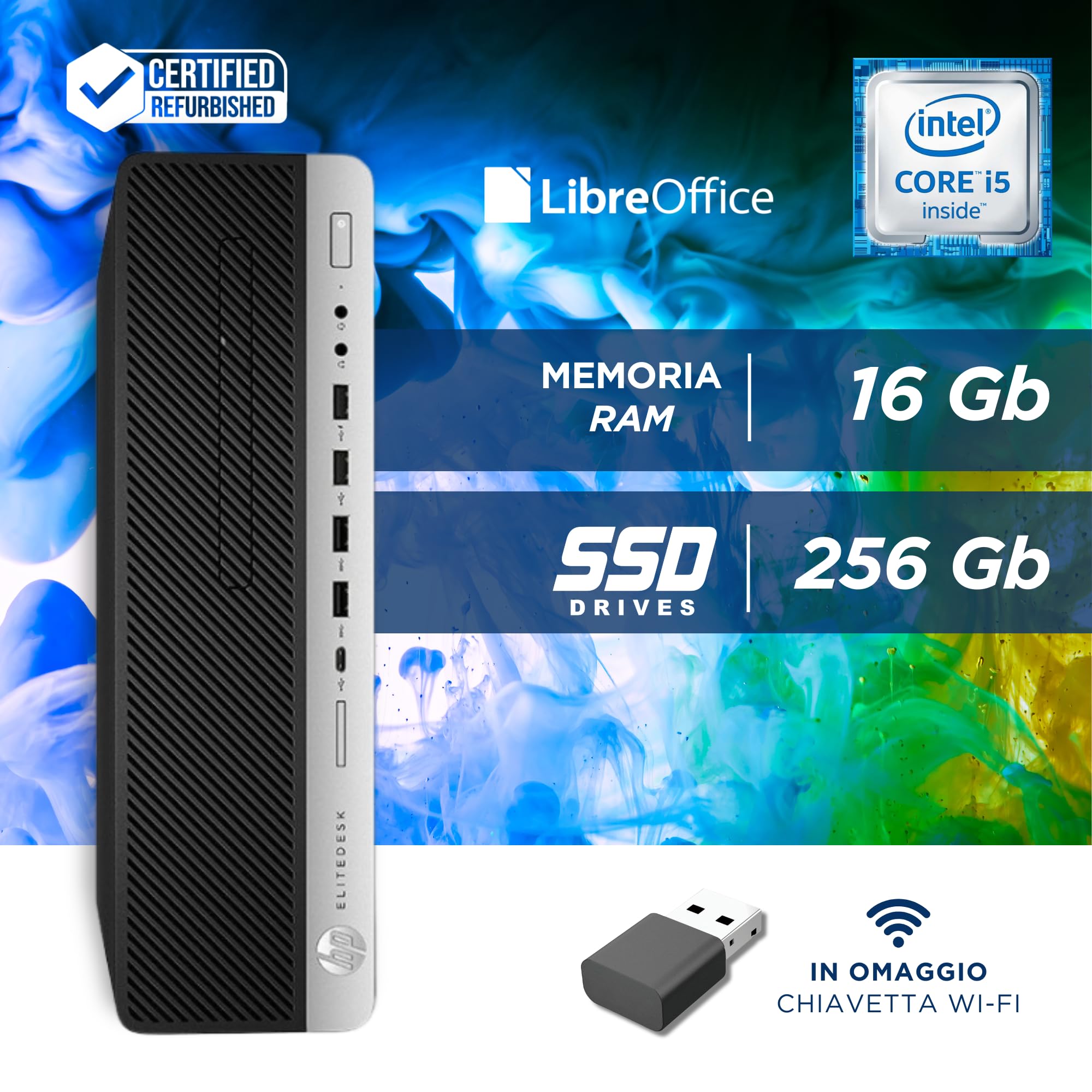 HP, Pc Desktop SFF Pronto All'Uso, Computer Pc Fisso Intel i5-8500 6 Core 3 GHz, Ram 16Gb, SSD 256Gb, Wi-FI, Libre Office, Win 11 Pro (Ricondizionato)