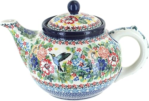 Blue Rose - Tetera mediana de colibrí de cerámica polaca