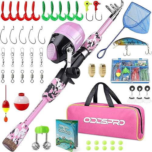 Miniatura 15 de ODDSPRO Caña de pescar para niños, color rosa, kit combinado de caña de pescar telescópica portátil y carrete - con caja de aparejos de pesca
