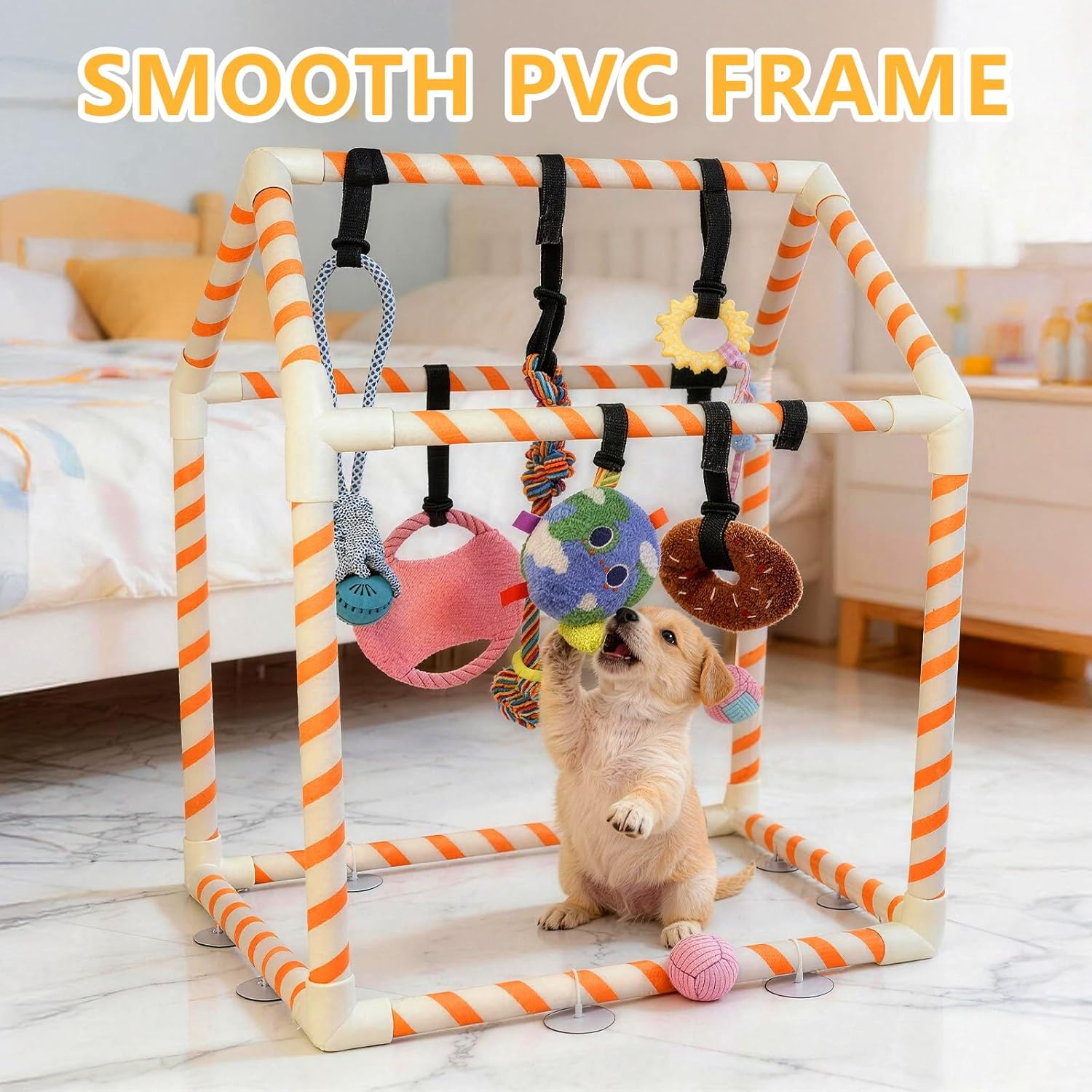 Puppy Play Gym with 8 Hanging Toys for Small Dogs, Indoor Jungle Activity Center with PVC Frame & Bungee Straps, Interactive Enrichment Toys to Keep Puppies Busy