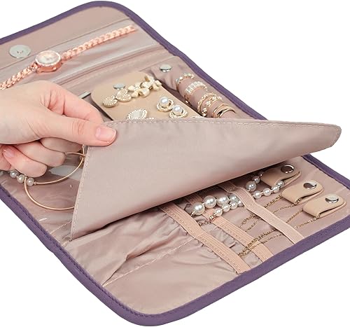 Miniatura 4 de BELALIFE Organizador de joyas de viaje, rollo de almacenamiento plegable para aretes, collares, anillos, pulseras, broches, morado
