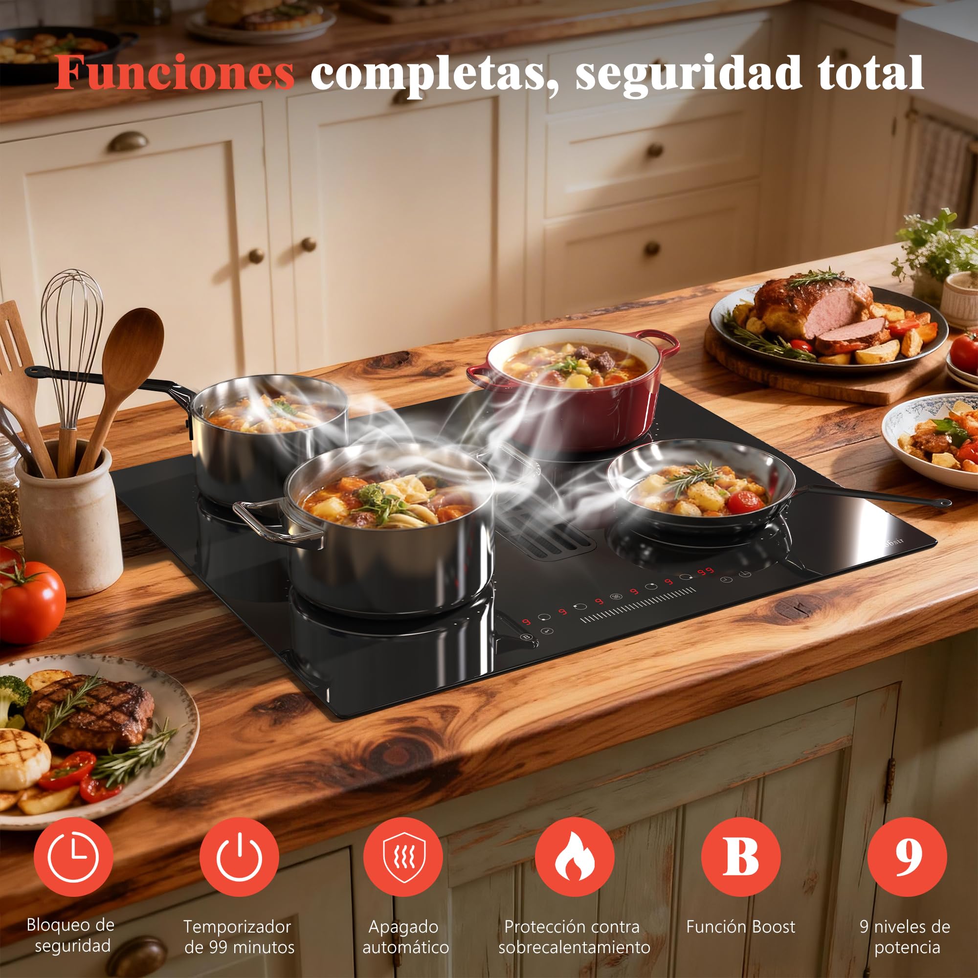 Hobsir Placa de Inducción con Extractor Integrado 60 cm, 4 Zonas, 6400W | 9 Niveles de Potencia, Bloqueo Infantil, Función Boost, Recirculación con Filtro Carbón– Sin Manguera de Salida de Aire