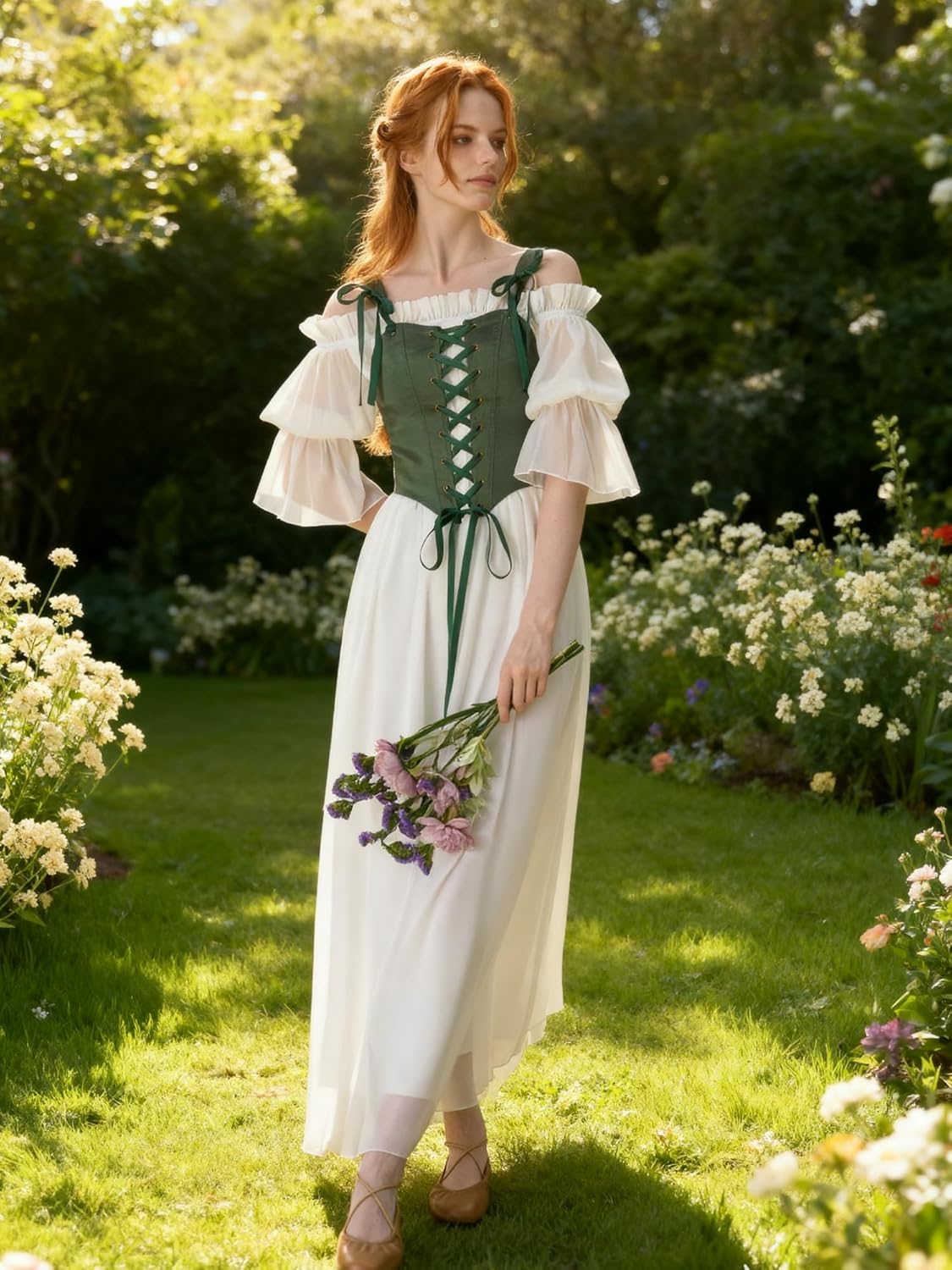 YESSA Renaissance Dress Women,Medieval Maxi Dress with Ruffles for Ren Faire, Cottagecore,Peasant Tops Irish Under Dress - Image 3