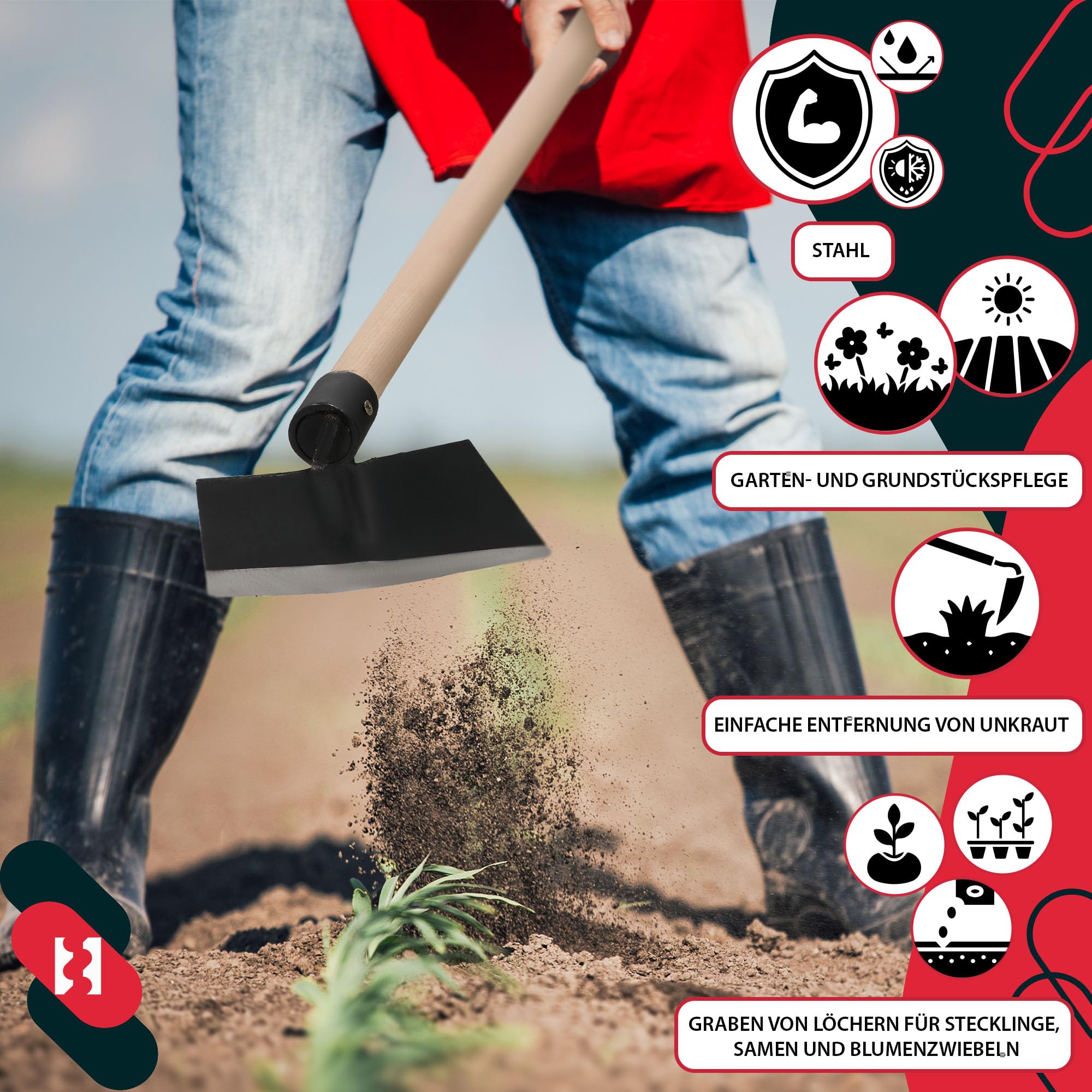 KOTARBAU® Gartenhacke Trapezform mit Holzstiel 115 cm Hacke Unkrauthacke Pflanzhacke Gartenwerkzeug zum Umpflanzen Jäten Gartenpflege Gartenzubehör Gartengeräte Garten Handwerkzeuge 200 x 80 mm