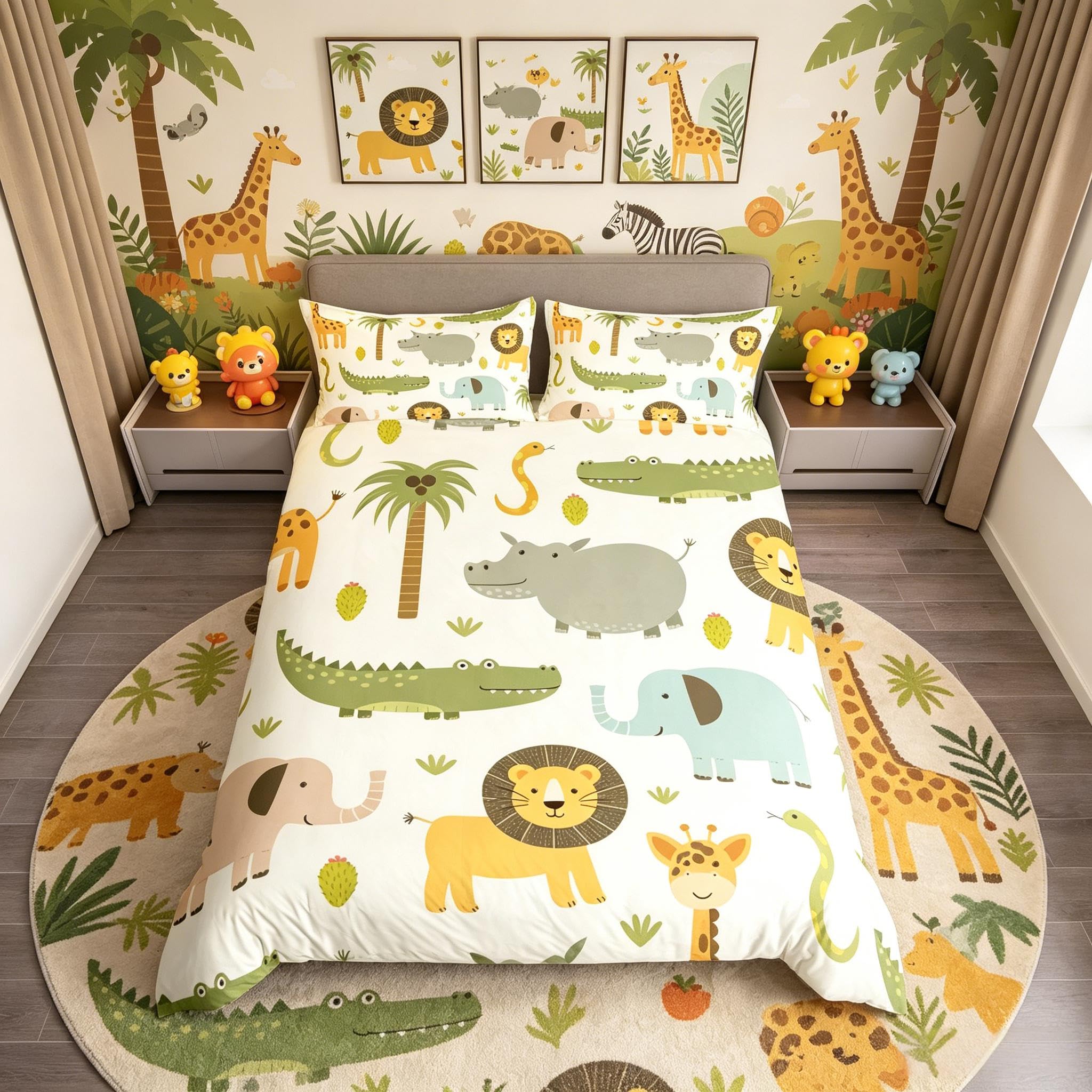Loussiesd Zoo Animals Bedding Set Single Elephant Lion Duvet Cover Set Crocodile Hippo Print Bedding Botanical Palm Tree Natural Tropical Green White Girls Boys Teenagers — image 1