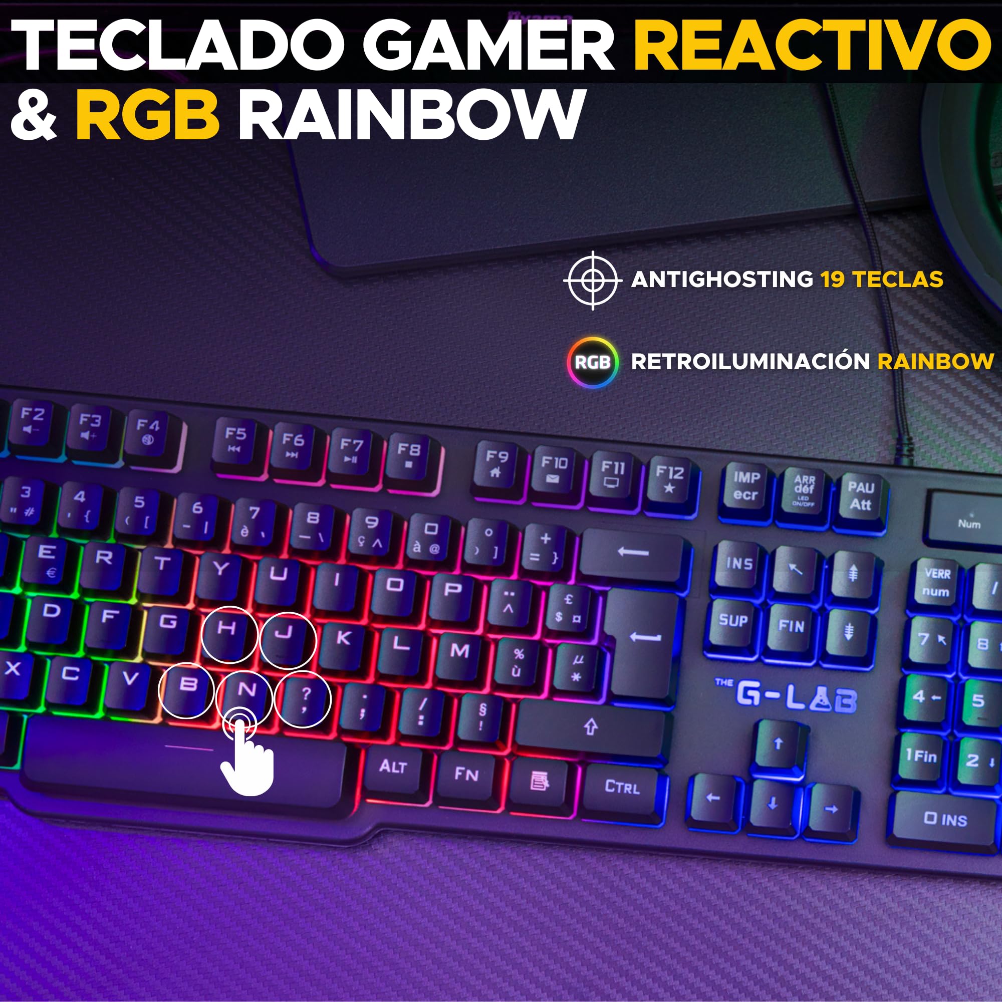 The G-Lab - Combo Sulfur - Pack 4 en 1 - Teclado Gaming QWERTY con Ñ, Ratón Gamer 3600 dpi, Auriculares Gaming, Alfombrilla Antideslizante para Juegos – PC, PS4, PS5, Xbox - Layout Espanol