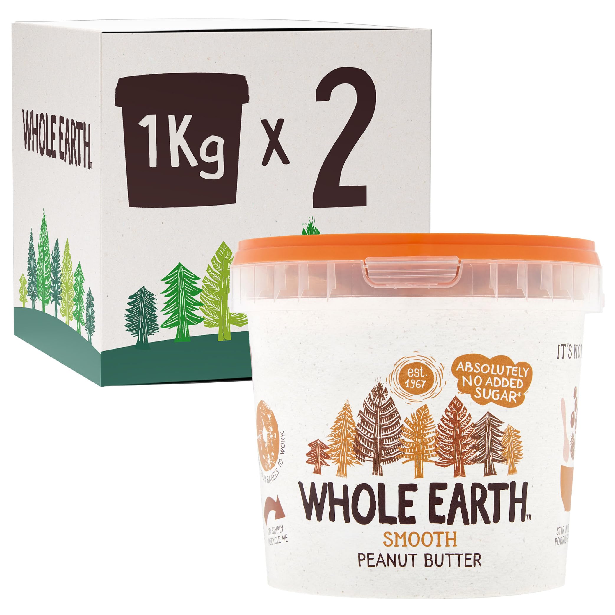Whole Earth SMOOTH Peanut Butter , All Natural Ingredients, No Added Sugar, Gluten Free, Vegetarian & Vegan Friendly 2 x 1kg Tub