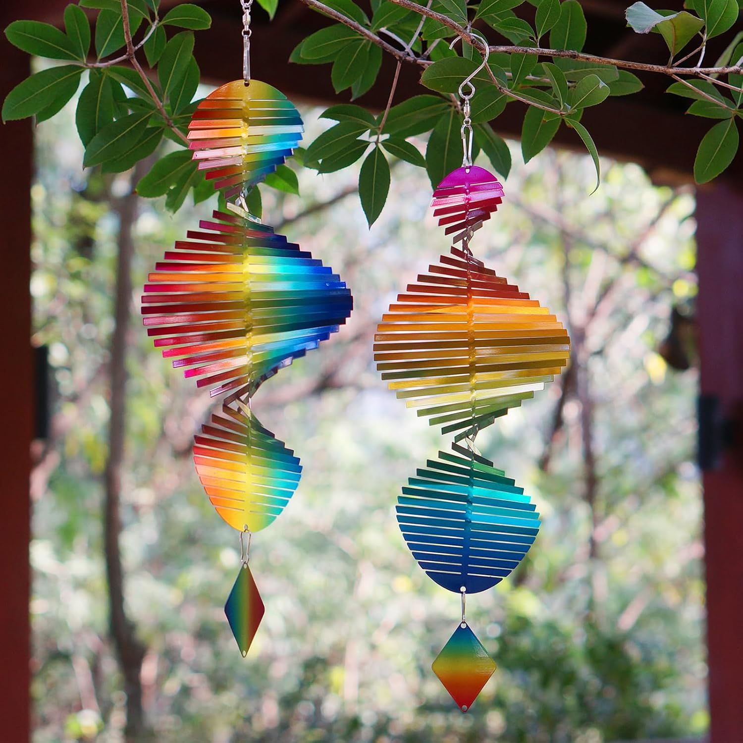 2pcs in Set Gradient Rainbow Helix Metal Wind Spinners for Yard and Garden,12 Inch 3D Stainless Steel Hanging Kinetic Yard Art Wind Sculpture Decor Outdoor Indoor (Warm Pattern)